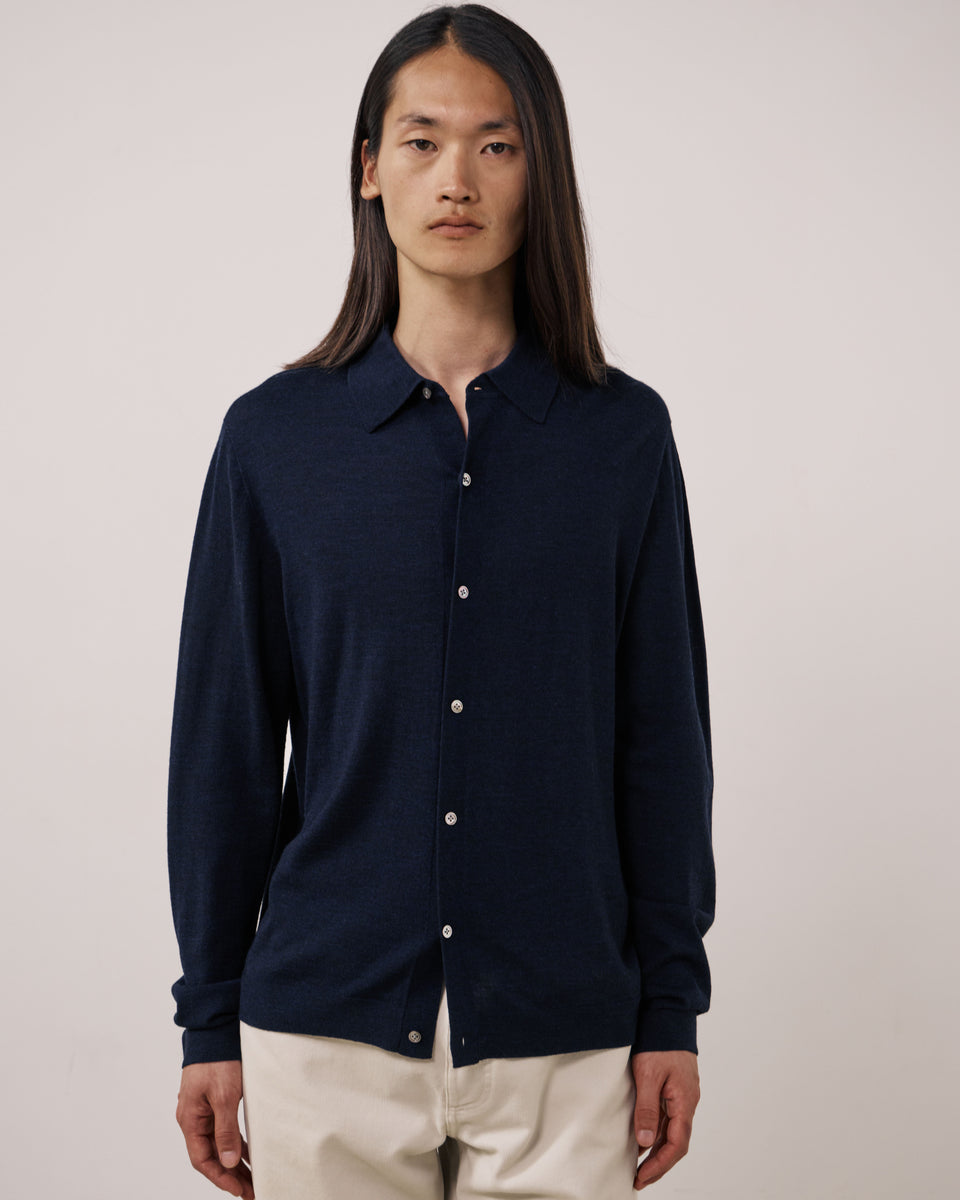 Pull Homme en Laine Extrafine Bleu Marine Merino Polo - Image principale