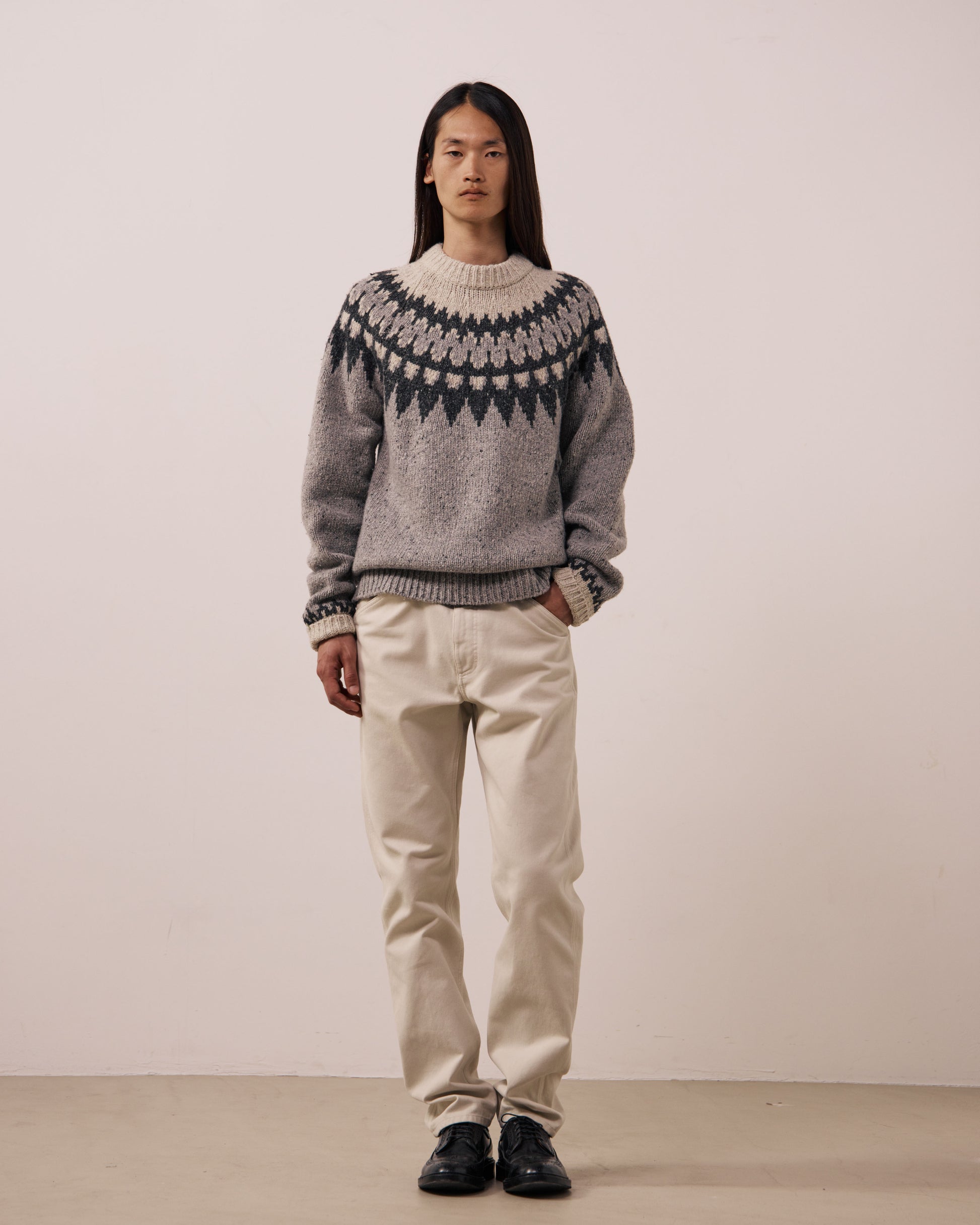 Pull Homme en Laine Alpaga & Mérinos Gris Donegal Jacquard Crew
