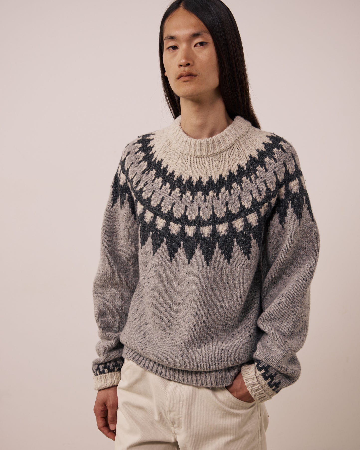 Pull Homme en Laine Alpaga & Mérinos Gris Donegal Jacquard Crew