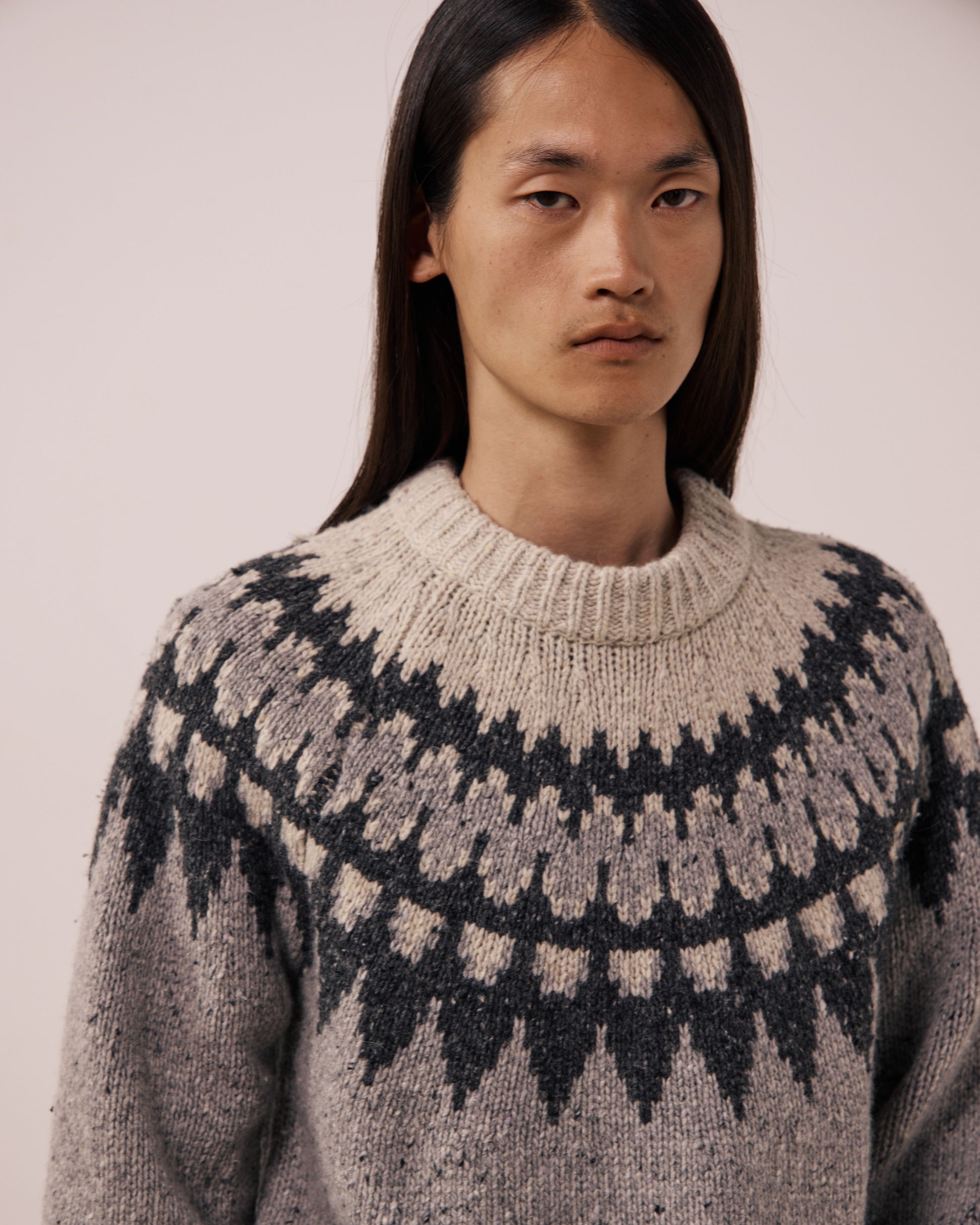 Pull Homme en Laine Alpaga & Mérinos Gris Donegal Jacquard Crew