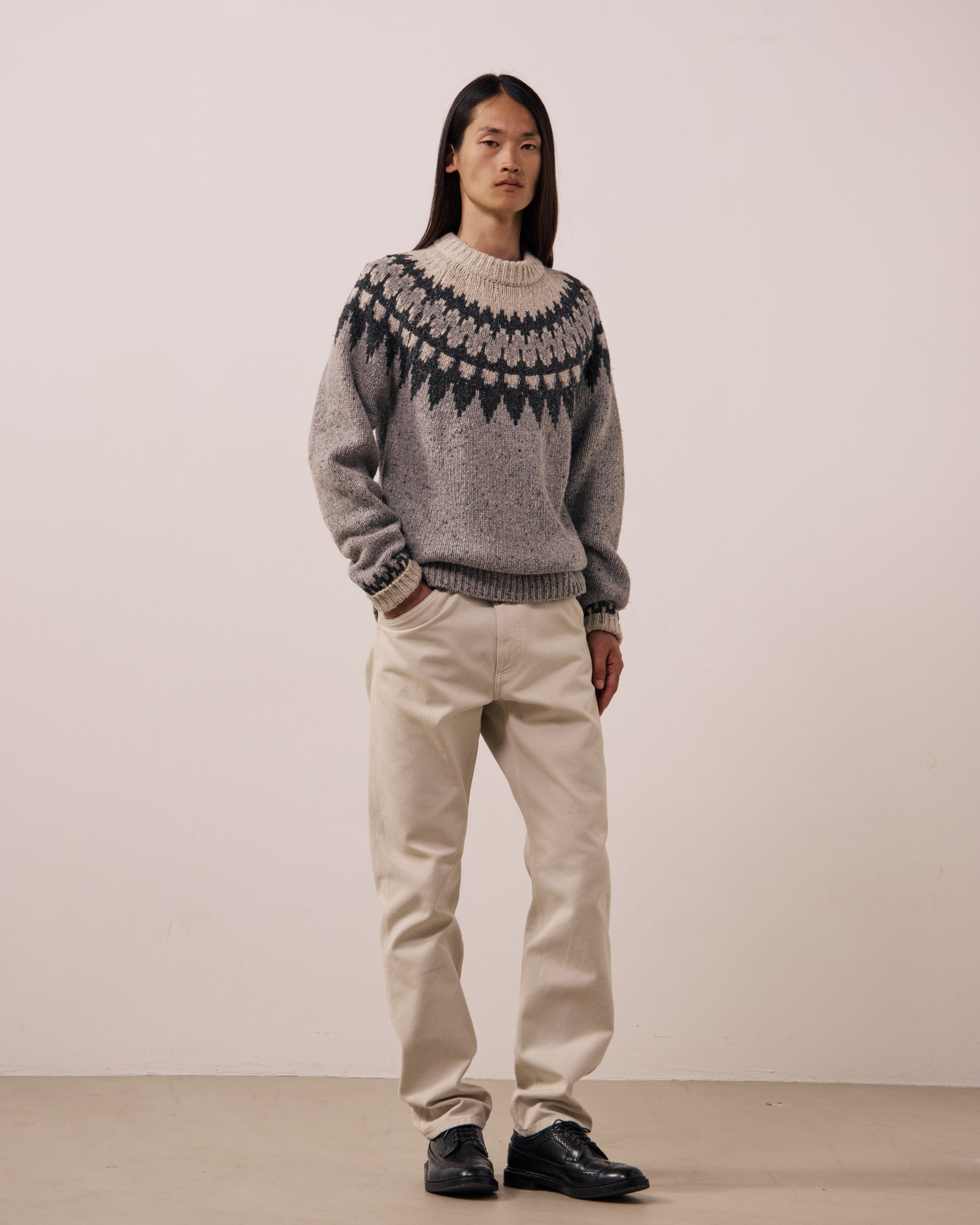 Pull Homme en Laine Alpaga & Mérinos Gris Donegal Jacquard Crew