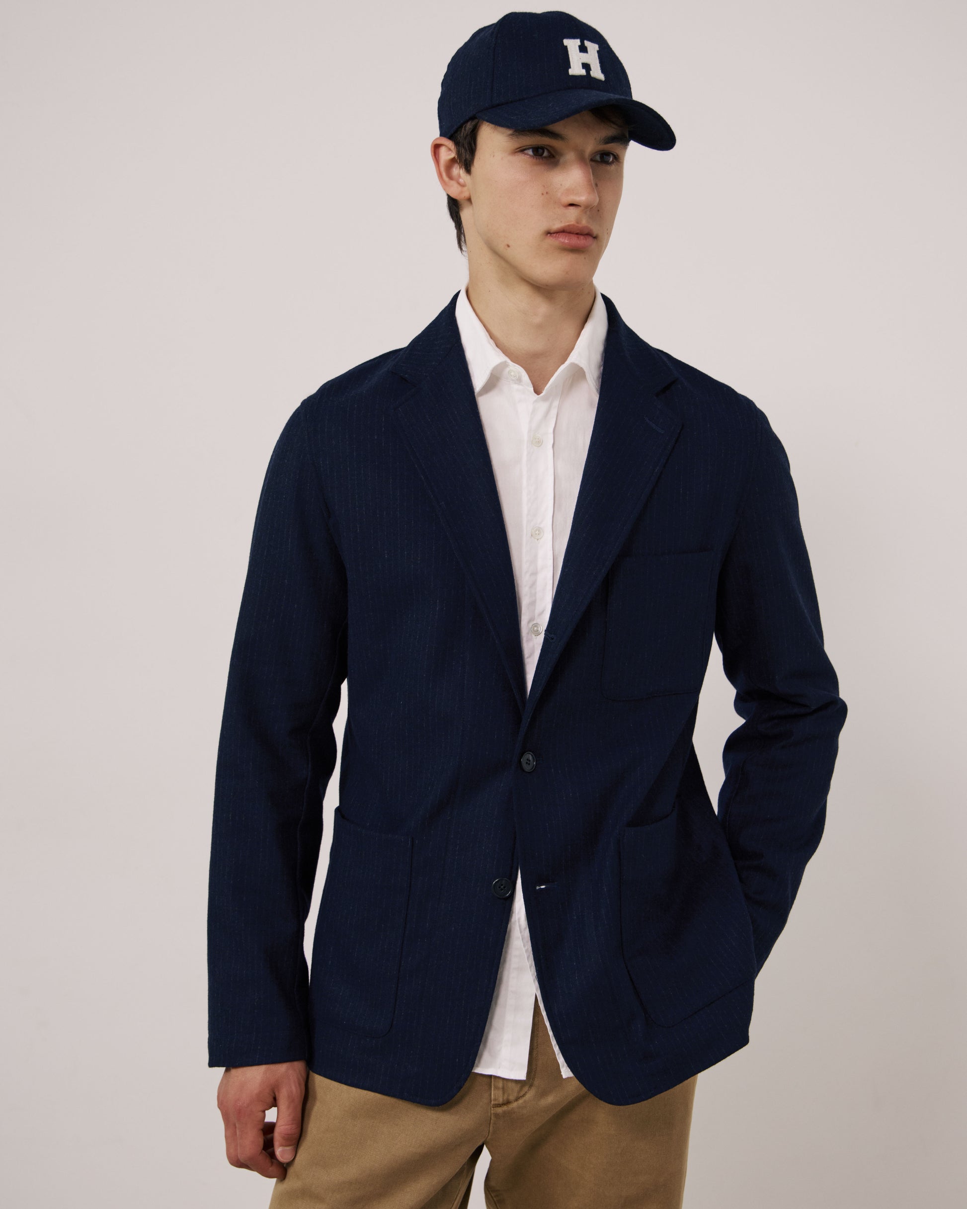 Casquette Homme en Flanelle de Laine à Rayures Bleu Marine H