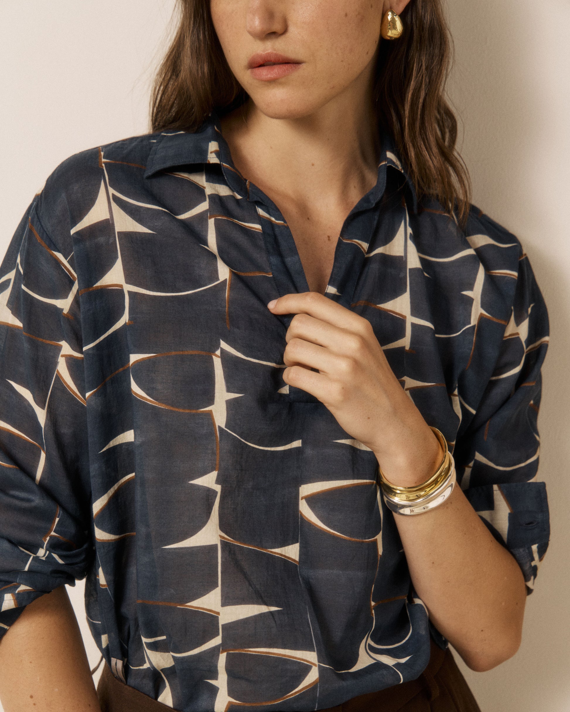 Blouse Femme en Coton imprimé Feuilles Bleu Nuit Chorus