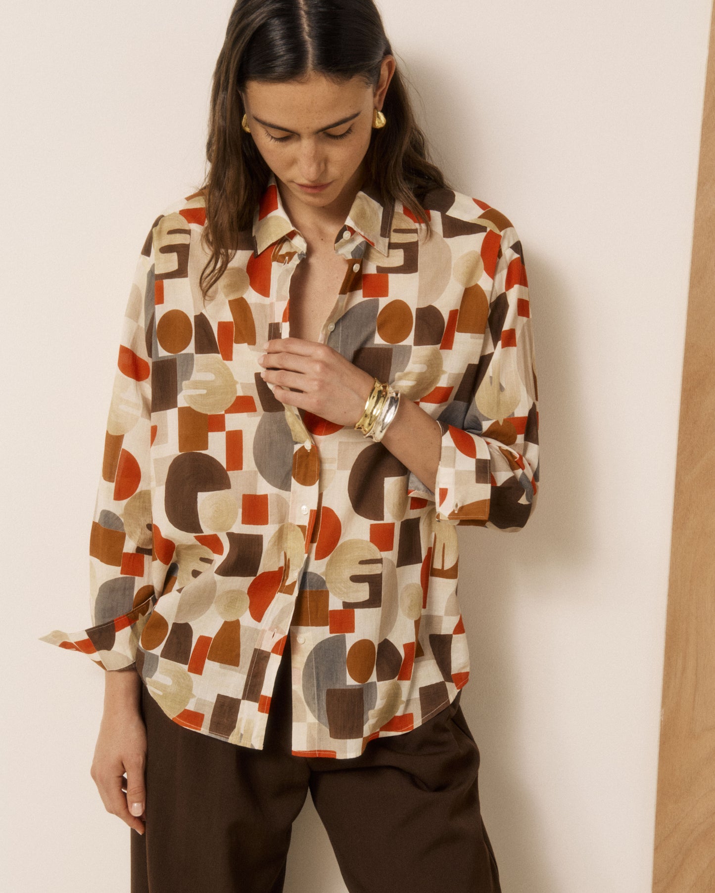 Chemise Femme en Coton imprimé Géométrique Rouge & Marron Cinema