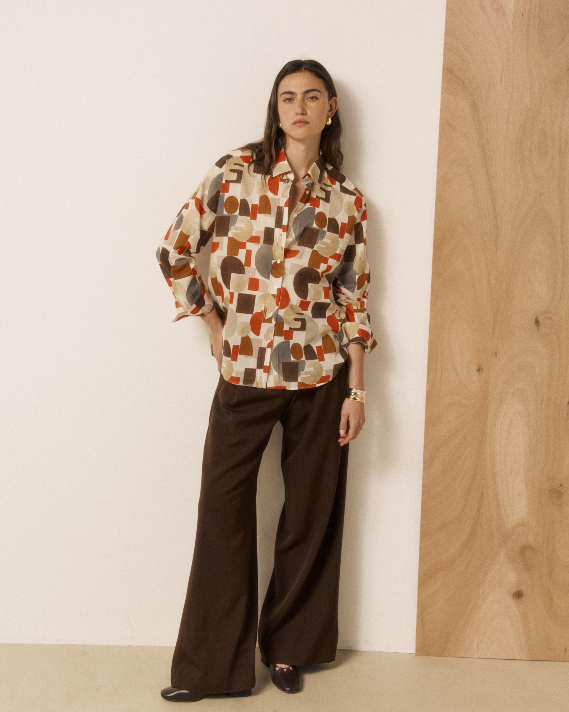 Chemise Femme en Coton imprimé Géométrique Rouge & Marron Cinema