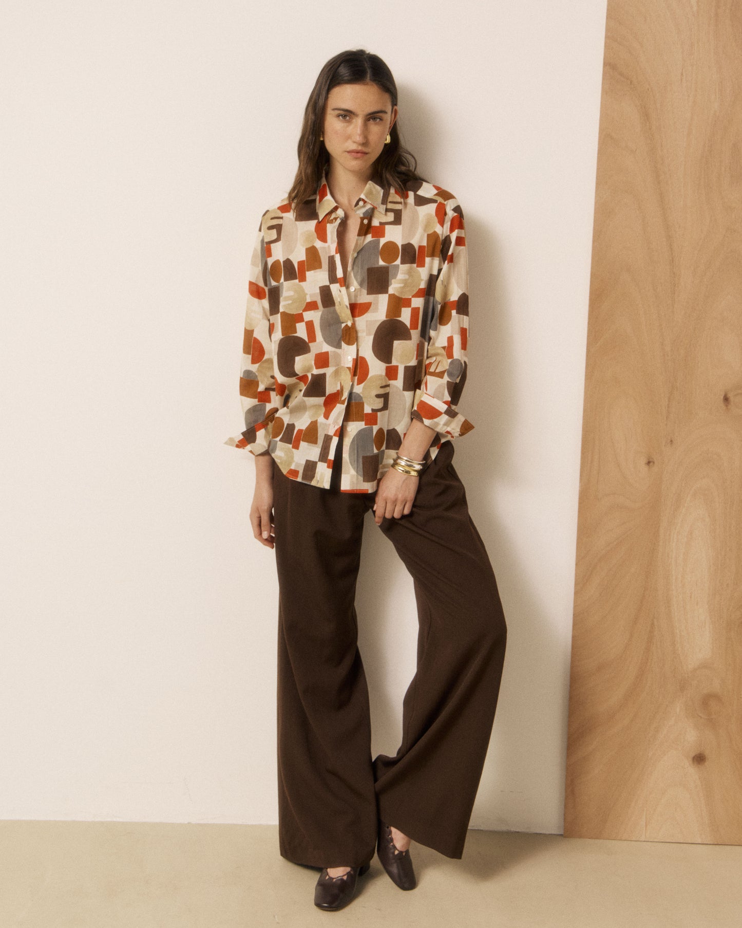 Chemise Femme en Coton imprimé Géométrique Rouge & Marron Cinema