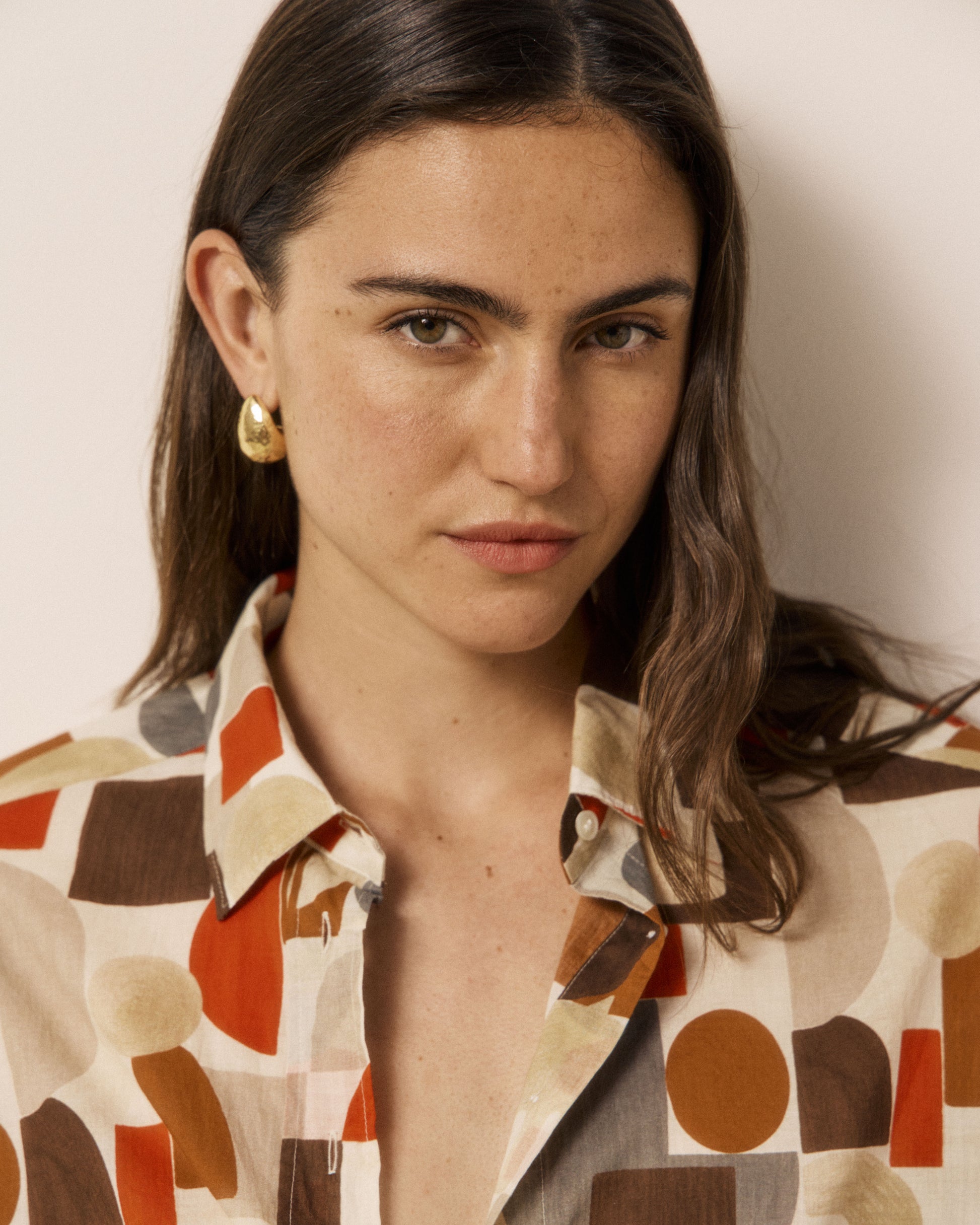 Chemise Femme en Coton imprimé Géométrique Rouge & Marron Cinema