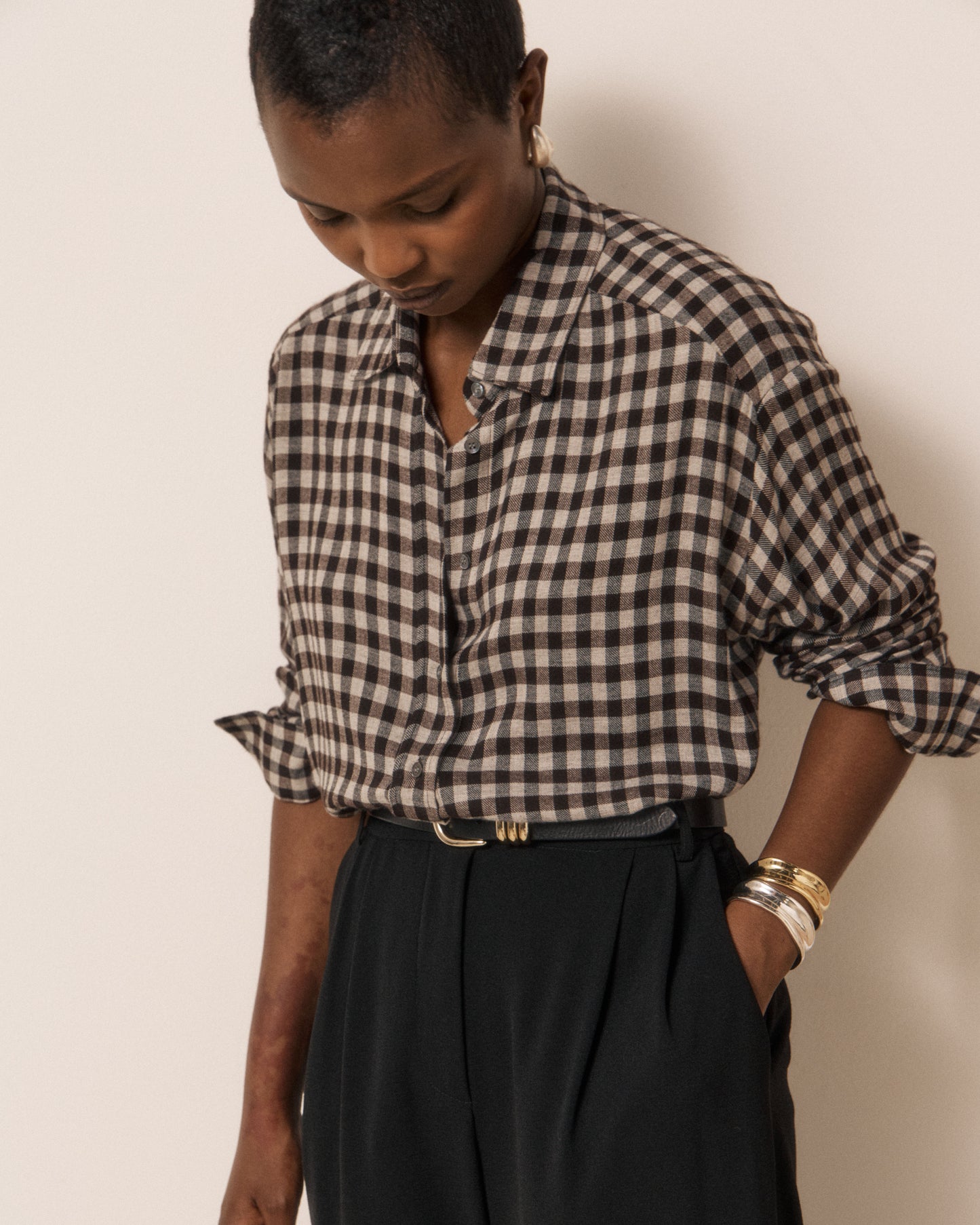 Chemise Femme en Viscose à Carreaux Gris Cinema