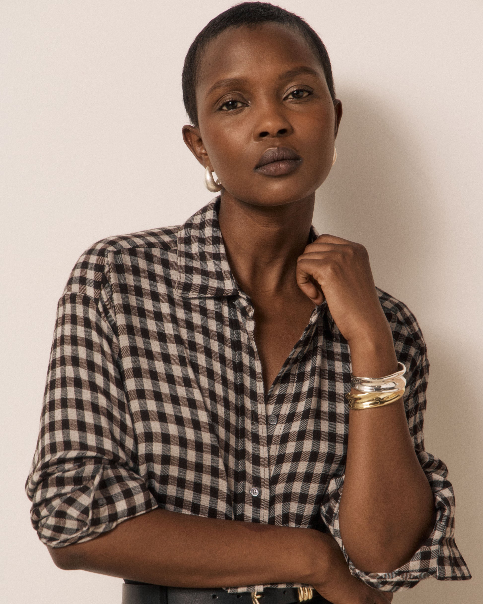 Chemise Femme en Viscose à Carreaux Gris Cinema