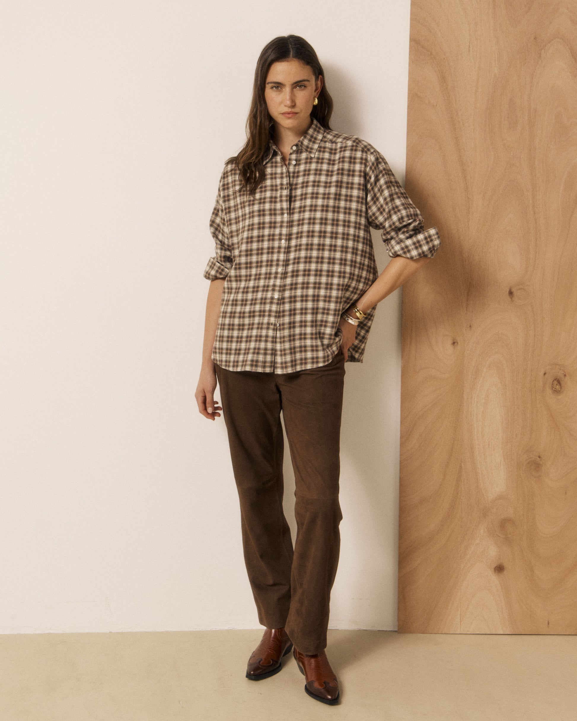 Chemise Femme en Viscose & Coton à Carreaux Marron Cinema