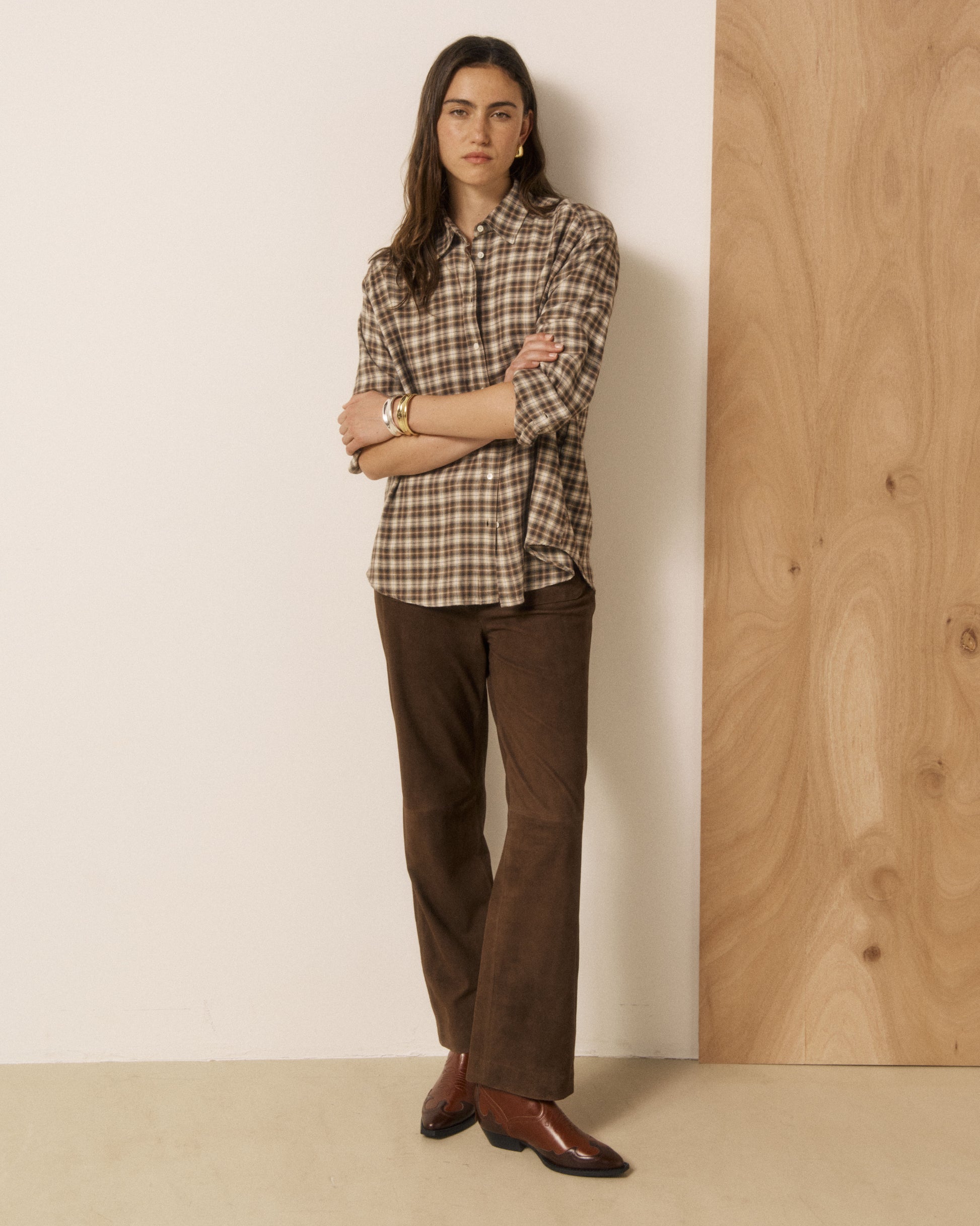 Chemise Femme en Viscose & Coton à Carreaux Marron Cinema