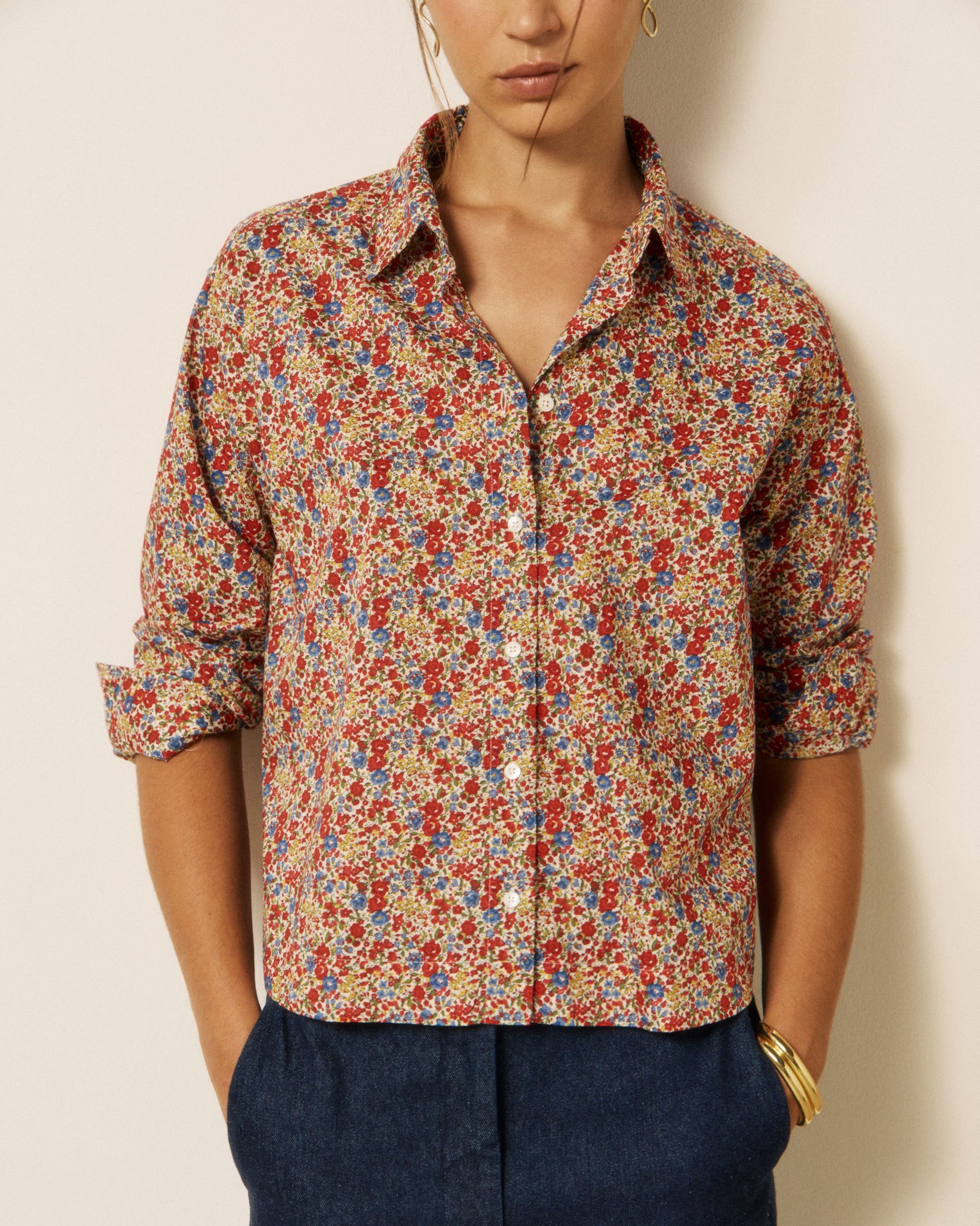 Chemise Femme en Coton Liberty Bleu & Rouge Clove
