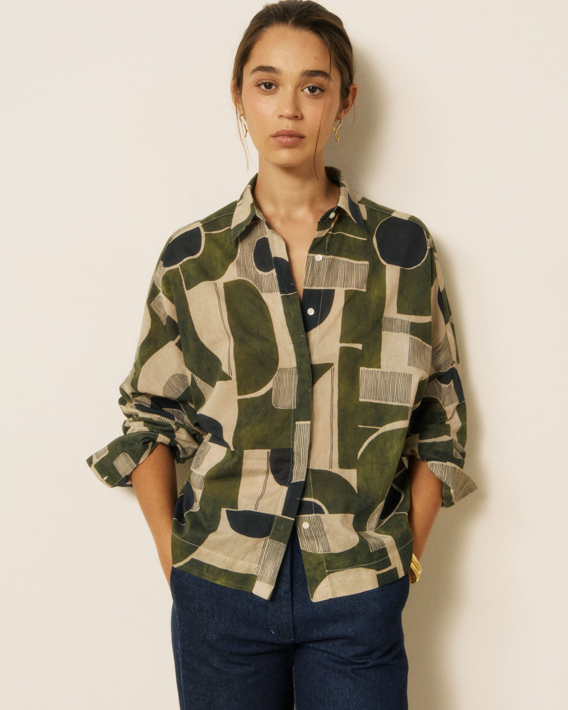 Chemise Femme en Coton imprimé Géométrique Khaki Cosma