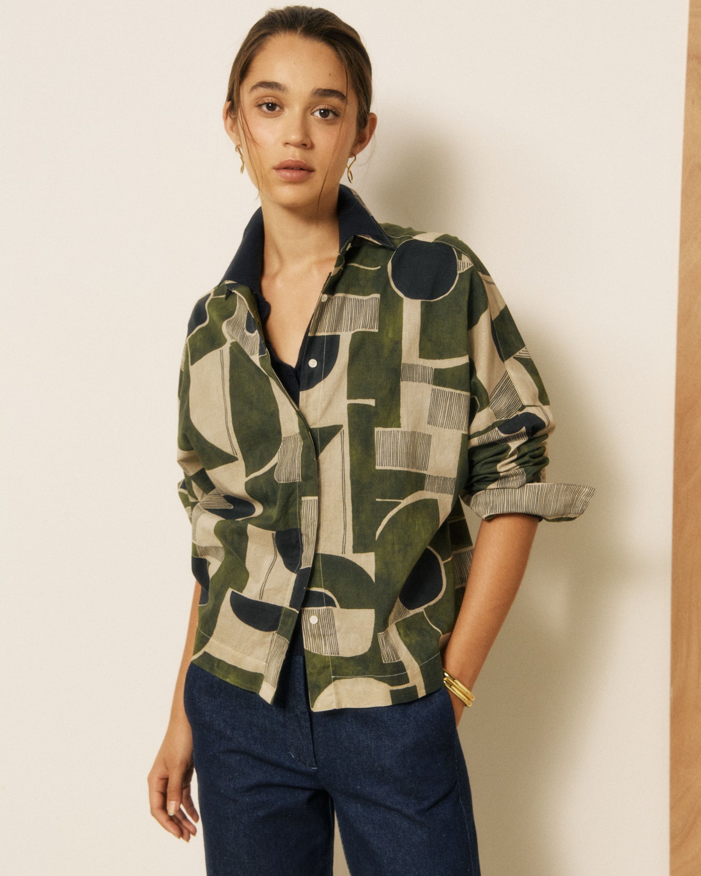 Chemise Femme en Coton imprimé Géométrique Khaki Cosma