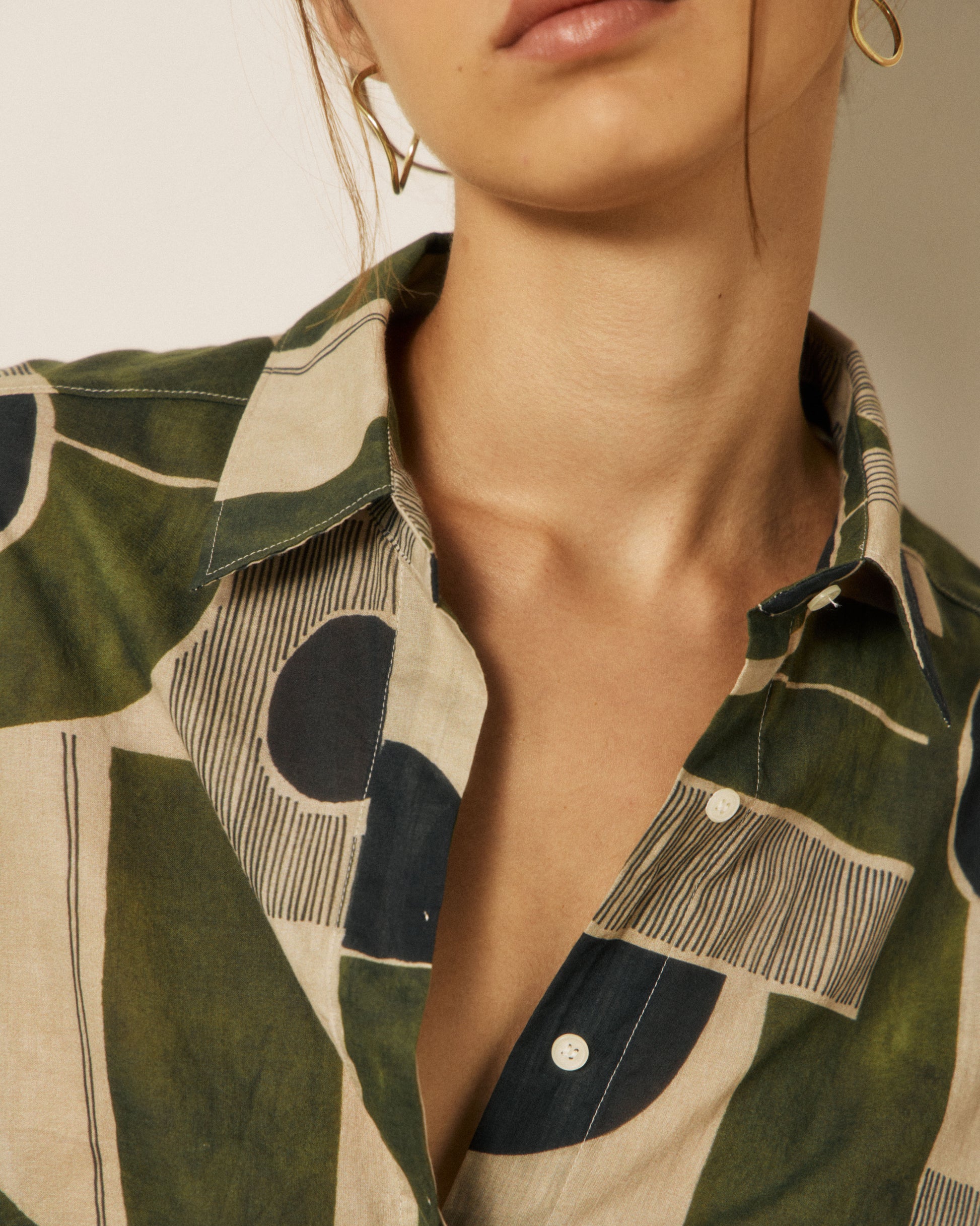 Chemise Femme en Coton imprimé Géométrique Khaki Cosma