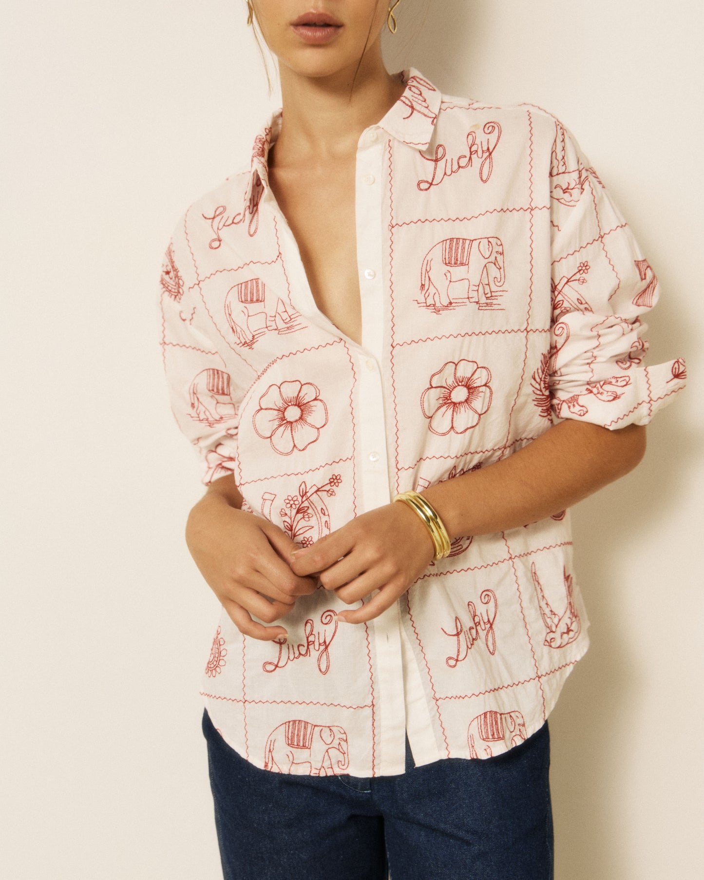 Chemise Garçon en Voile de Coton & Broderies imprimé Ecru Colorado