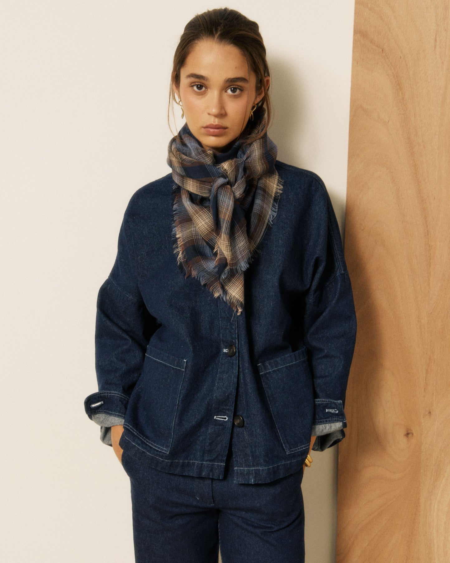Echarpe Femme en Laine à Carreaux Bleu & Ecru