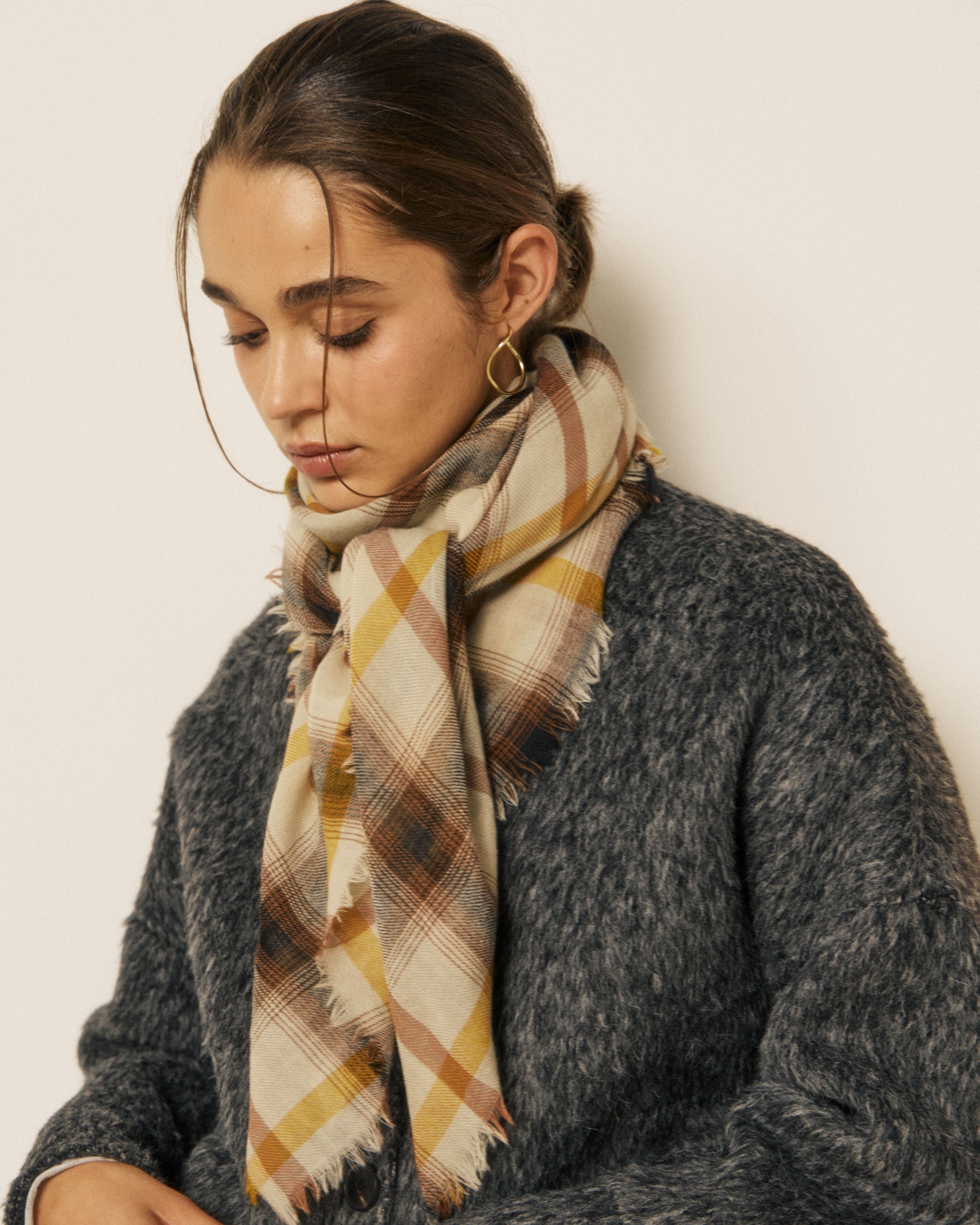 Echarpe Femme en Laine à Carreaux Beige & Jaune