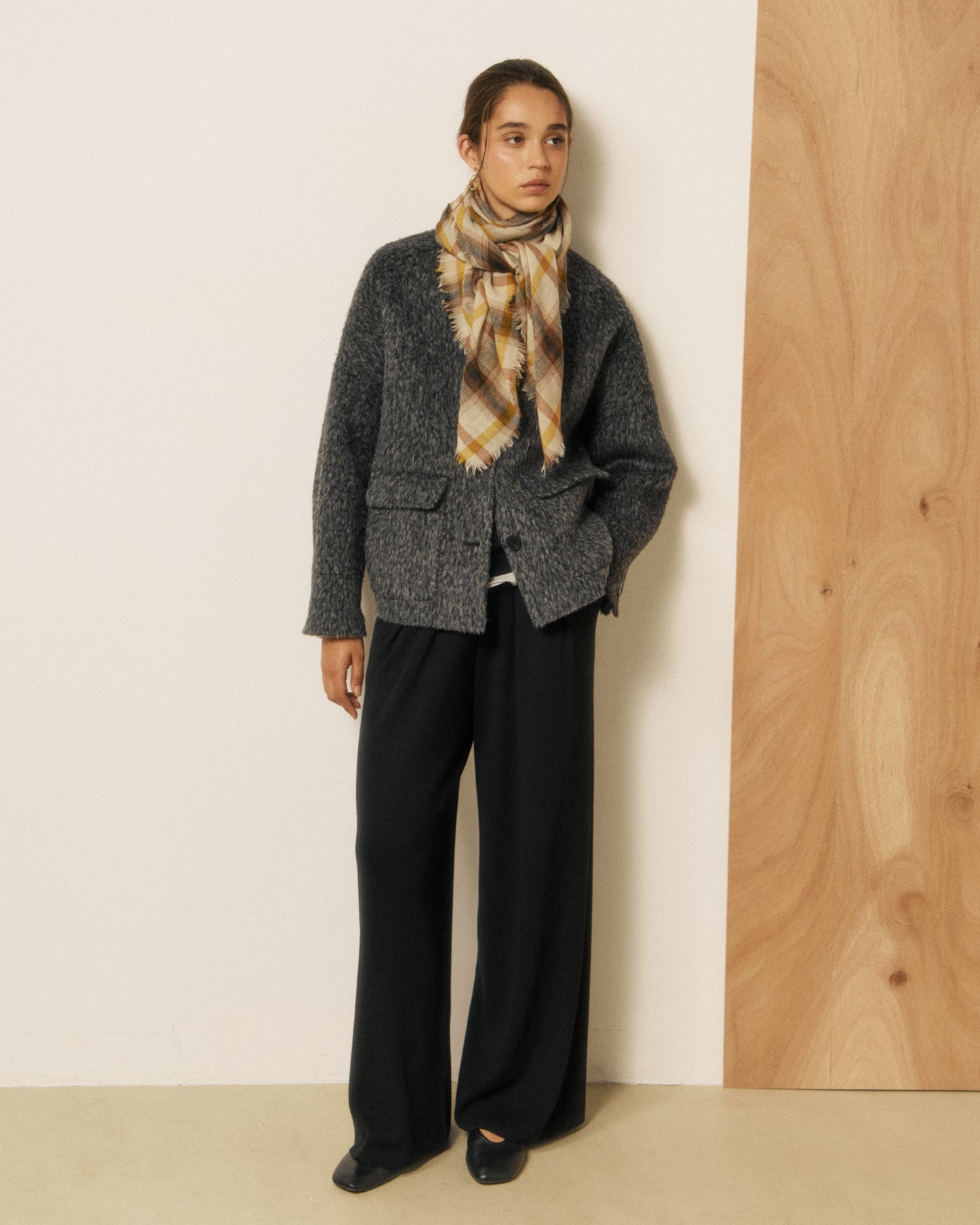 Echarpe Femme en Laine à Carreaux Beige & Jaune