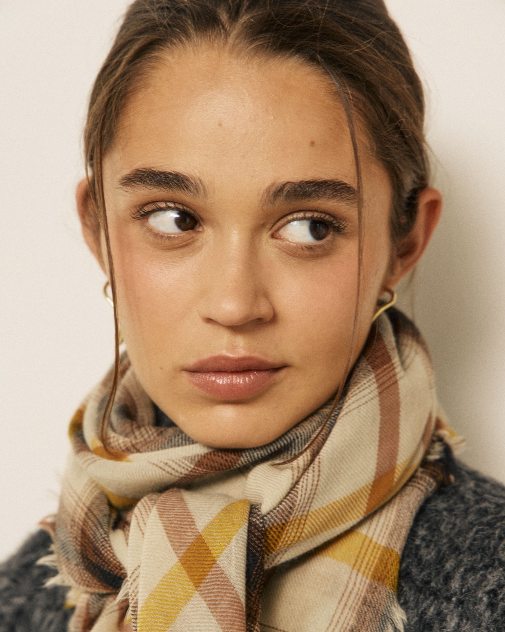 Echarpe Femme en Laine à Carreaux Beige & Jaune