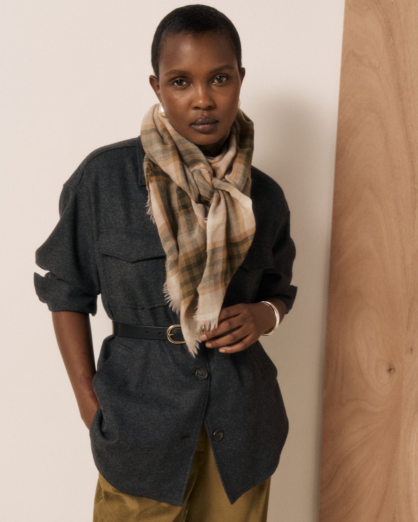 Echarpe Femme en Laine à Carreaux Beige & Vert