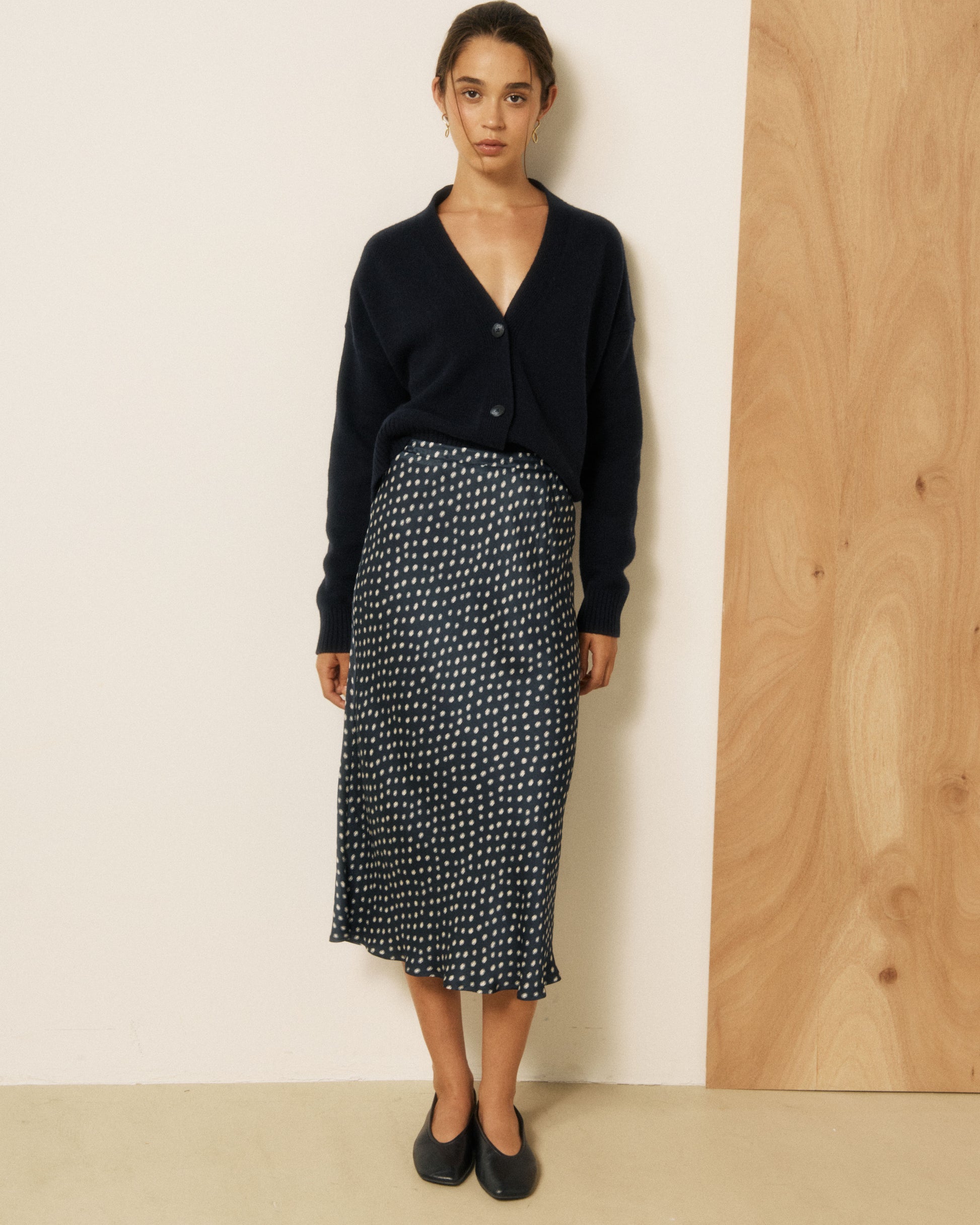 Jupe Femme en Viscose à Pois Bleu Marine & Blanc Jimo