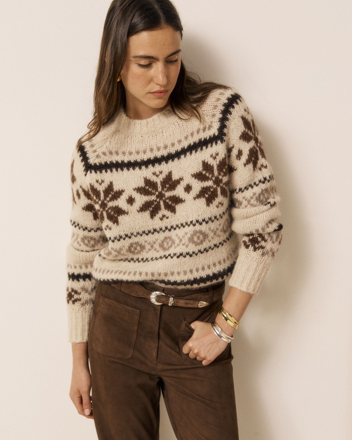 Pull Femme en Laine d'Alpaga Jacquard Ecru Matrye