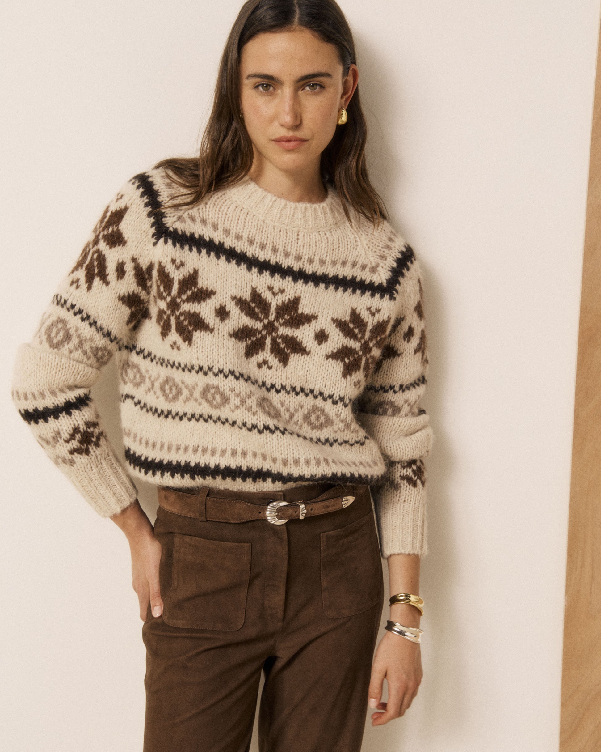 Pull Femme en Laine d'Alpaga Jacquard Ecru Matrye