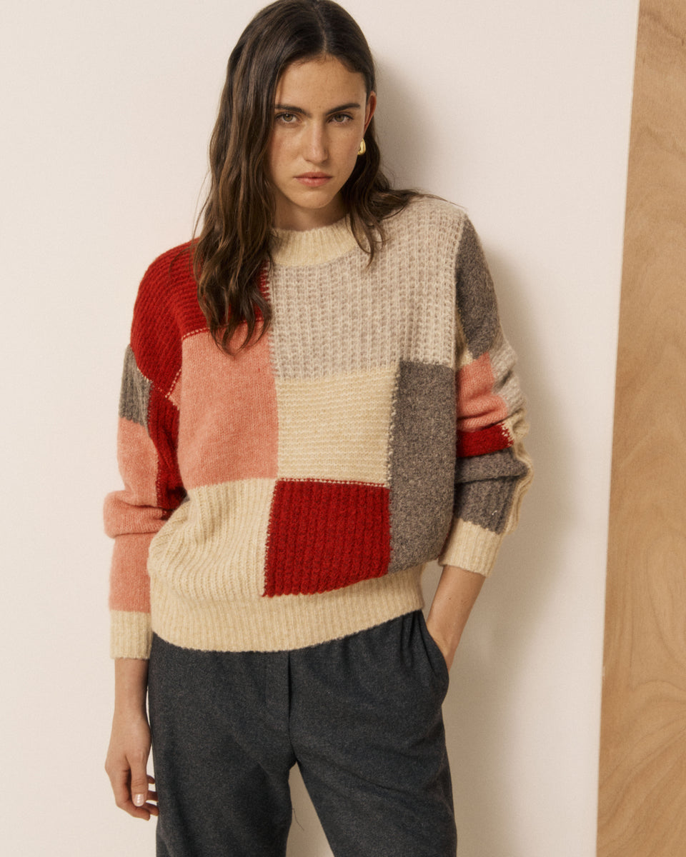 Pull Femme en Laine Mélangée imprimé Patchwork Rouge Marguerite - Image 3
