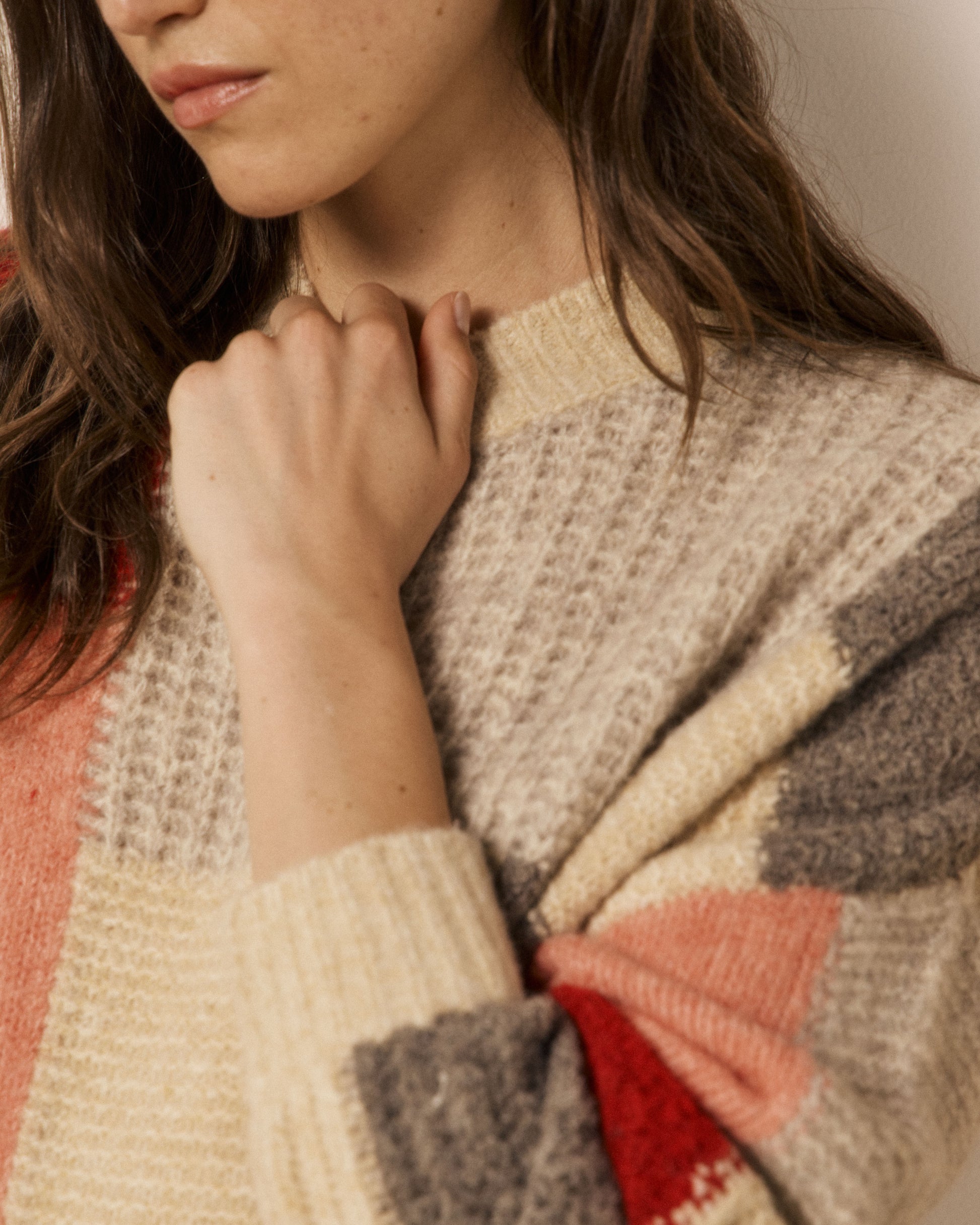 Pull Femme en Laine Mélangée imprimé Patchwork Rouge Marguerite