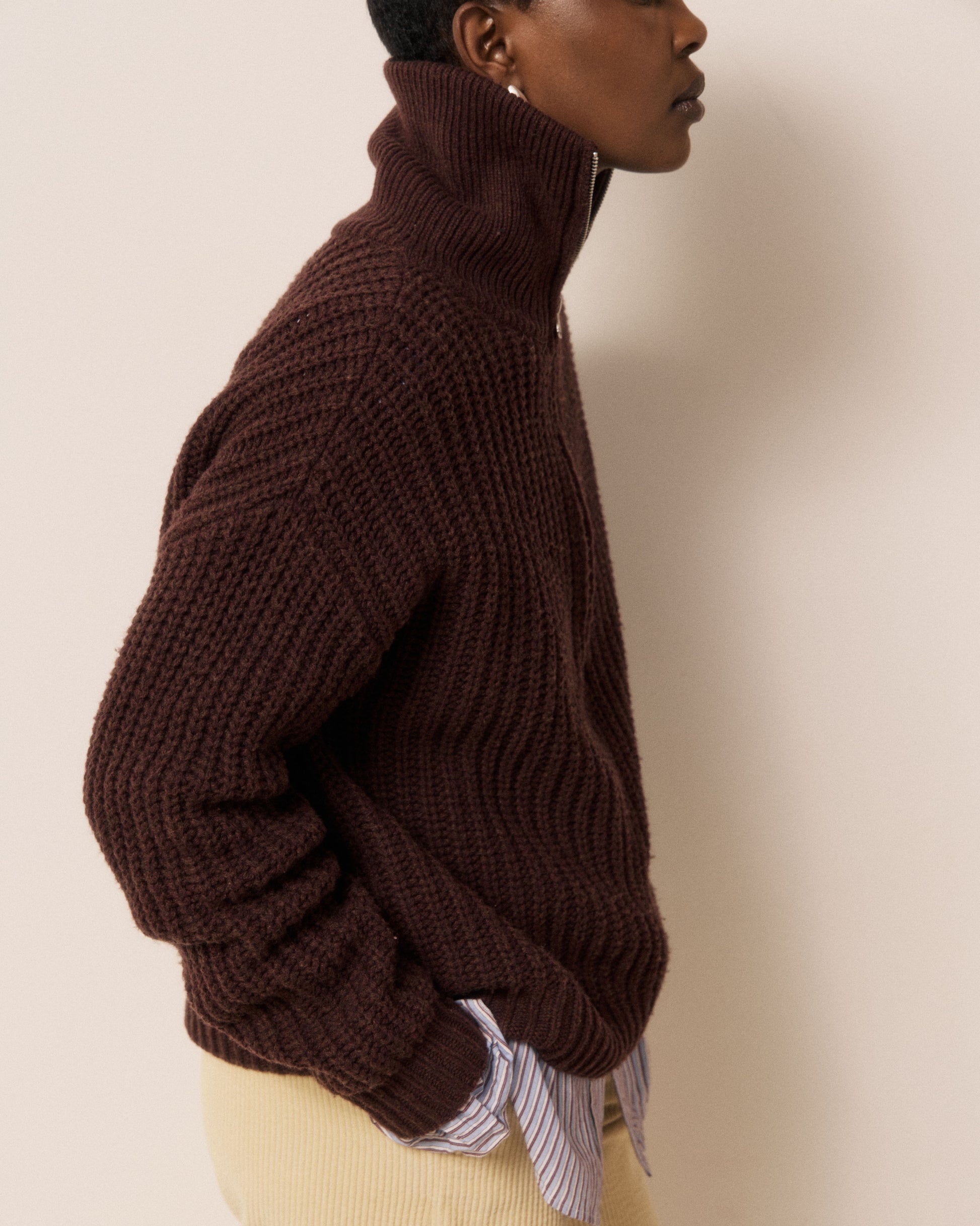 Pull Femme en Laine Mérinos Côtelée Chocolat Mypio