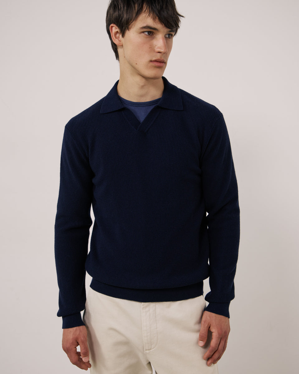 Pull Homme en Laine & Cachemire Gaufré Bleu Marine Polo - Image principale