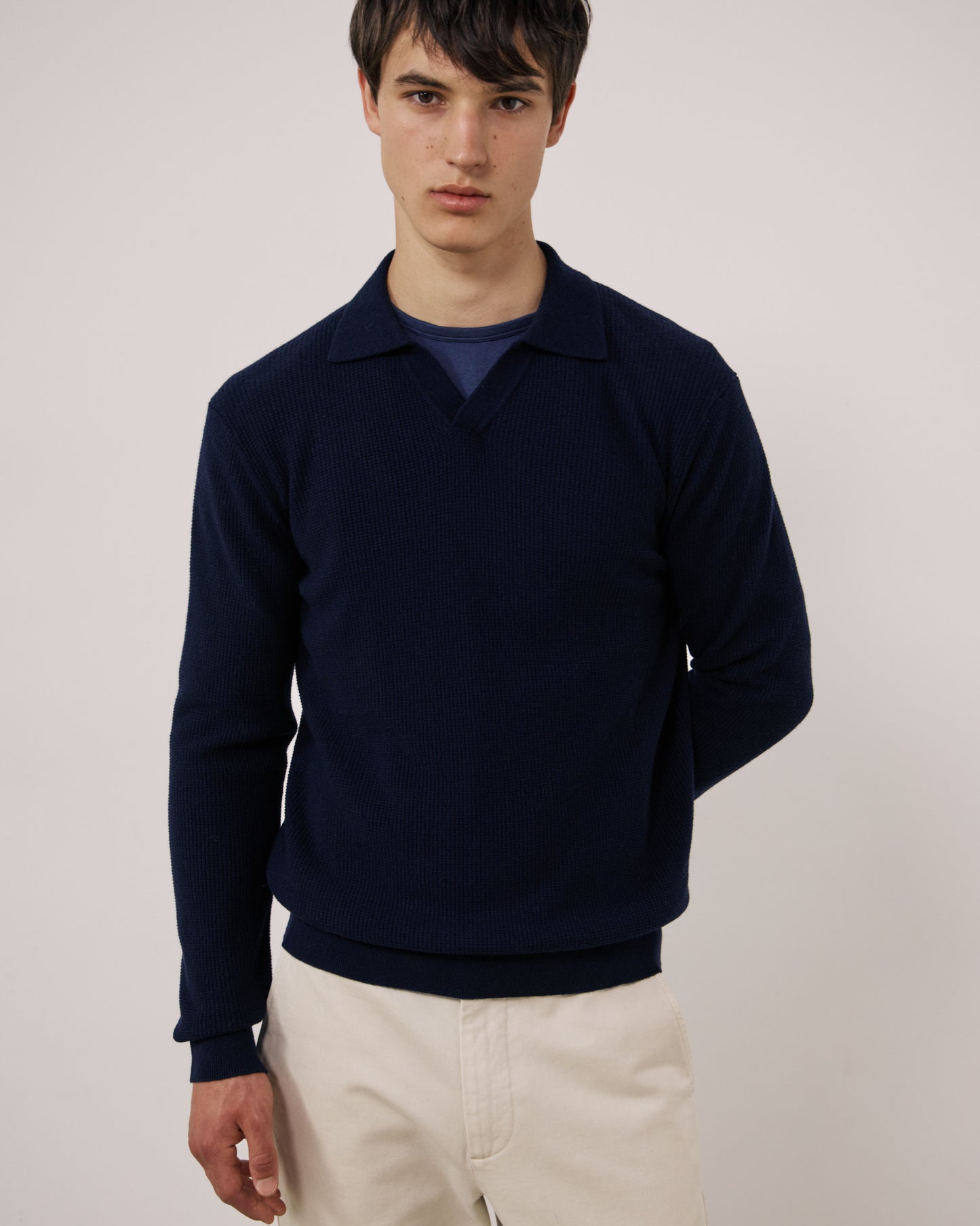 Pull Homme en Laine & Cachemire Gaufré Bleu Marine Polo
