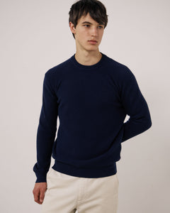 Pull Homme en Laine & Cachemire Gaufré Bleu Marine Crew