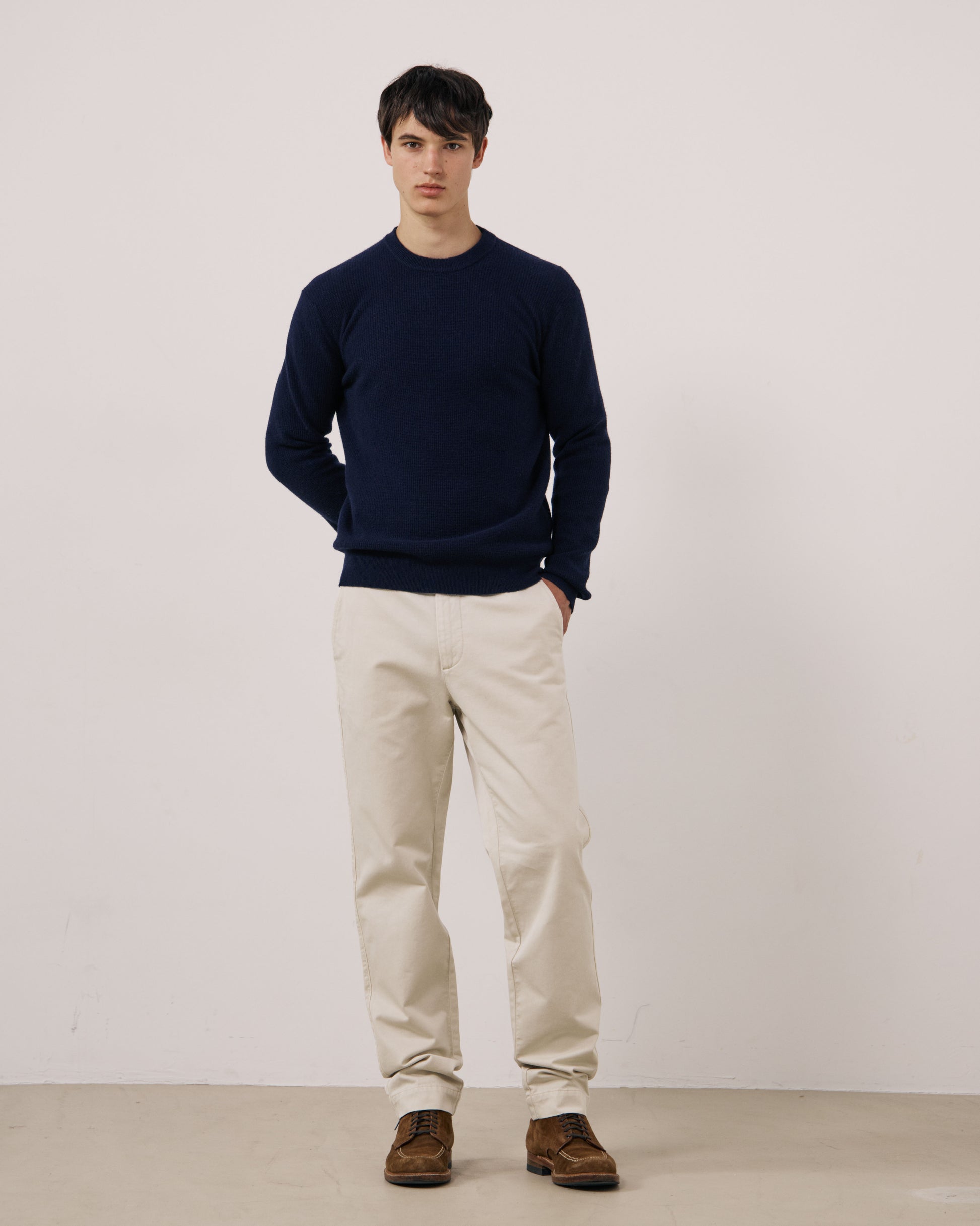 Pull Homme en Laine & Cachemire Gaufré Bleu Marine Crew