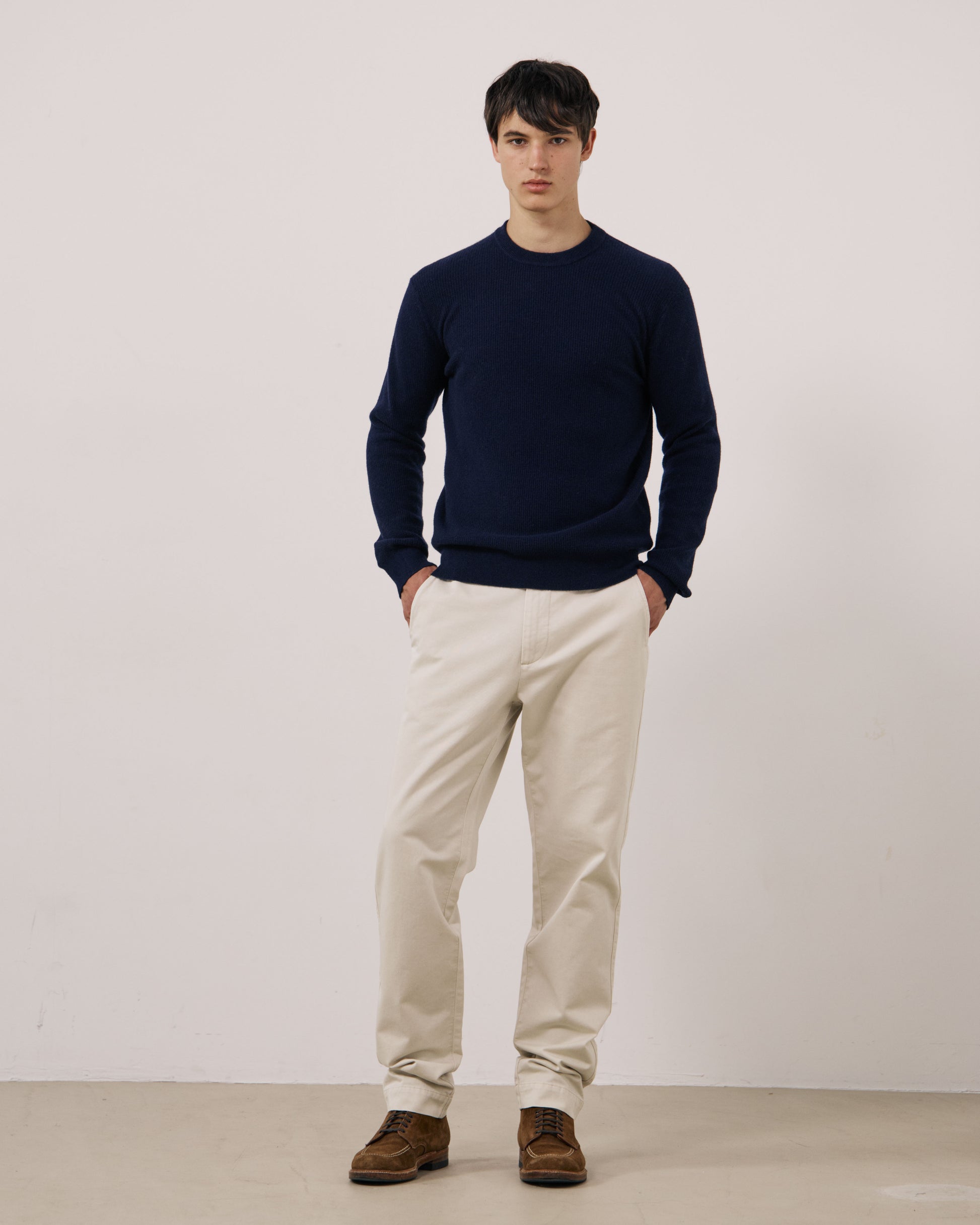 Pull Homme en Laine & Cachemire Gaufré Bleu Marine Crew
