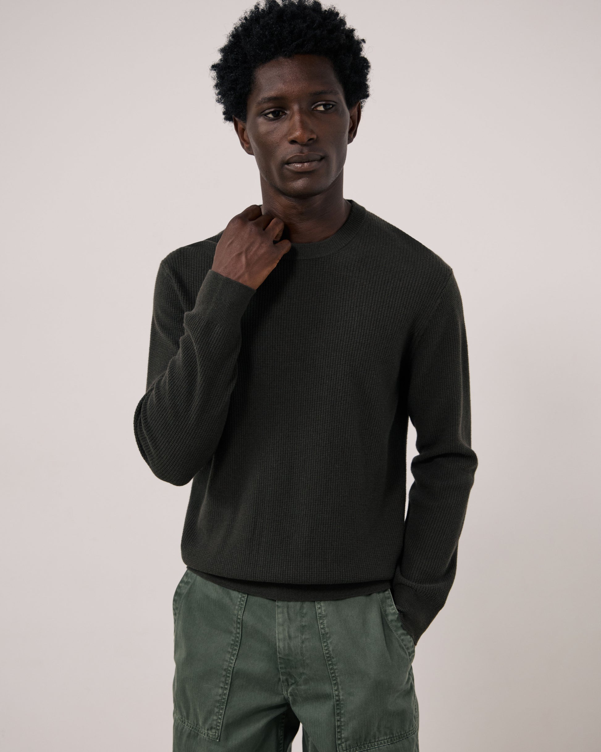 Pull Homme en Laine & Cachemire Gaufré Vert Militaire Crew