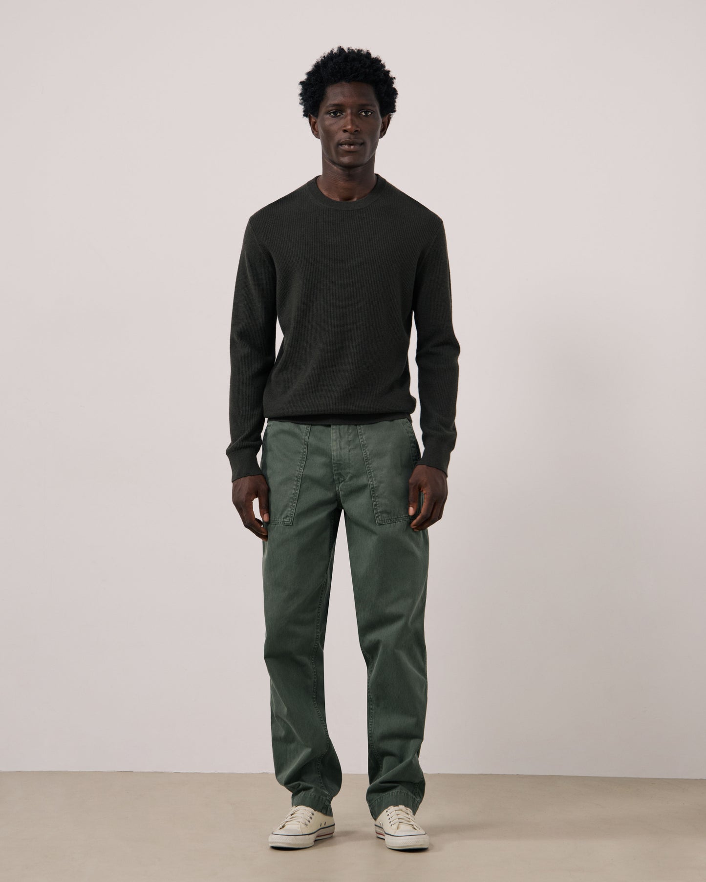 Pull Homme en Laine & Cachemire Gaufré Vert Militaire Crew