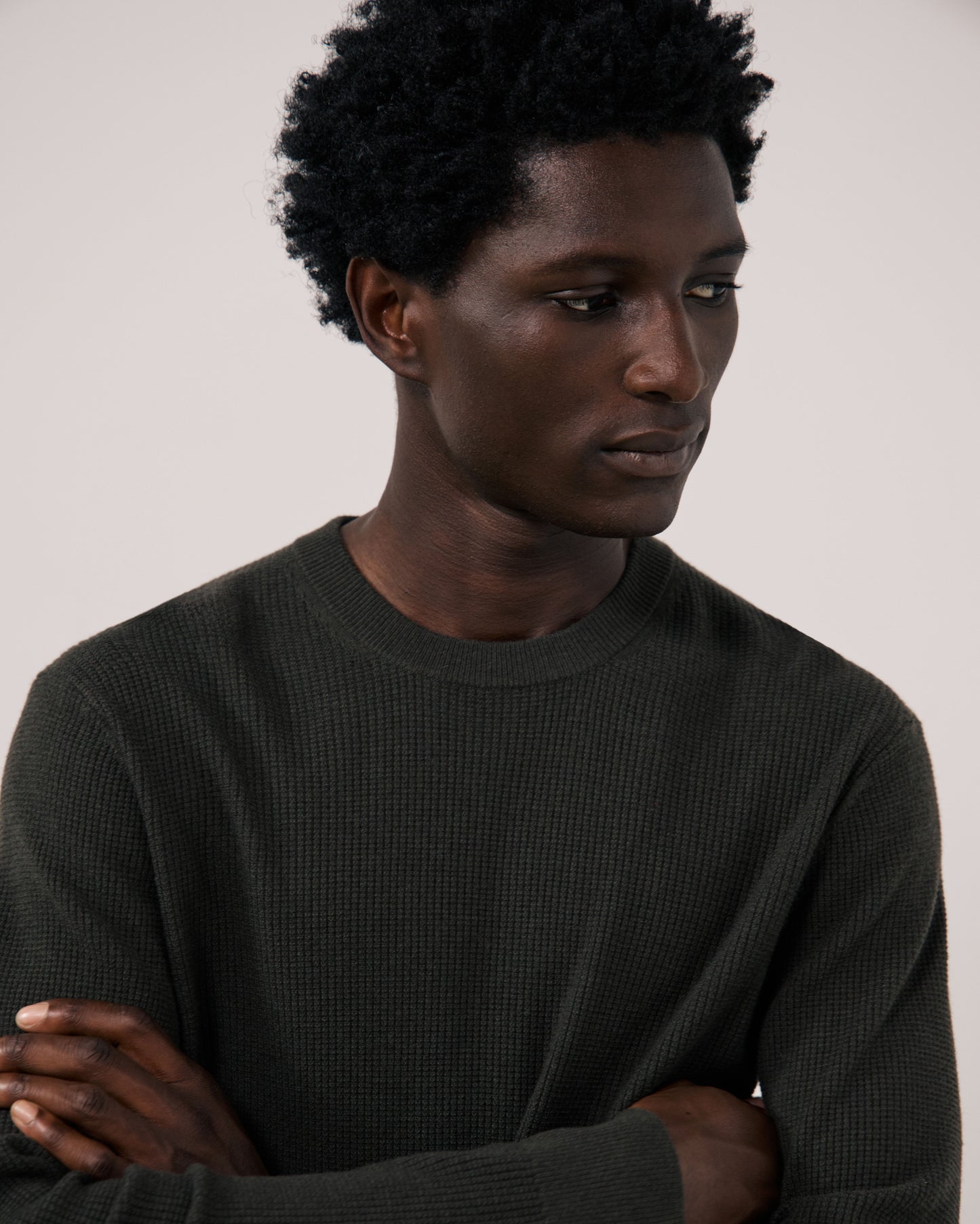 Pull Homme en Laine & Cachemire Gaufré Vert Militaire Crew
