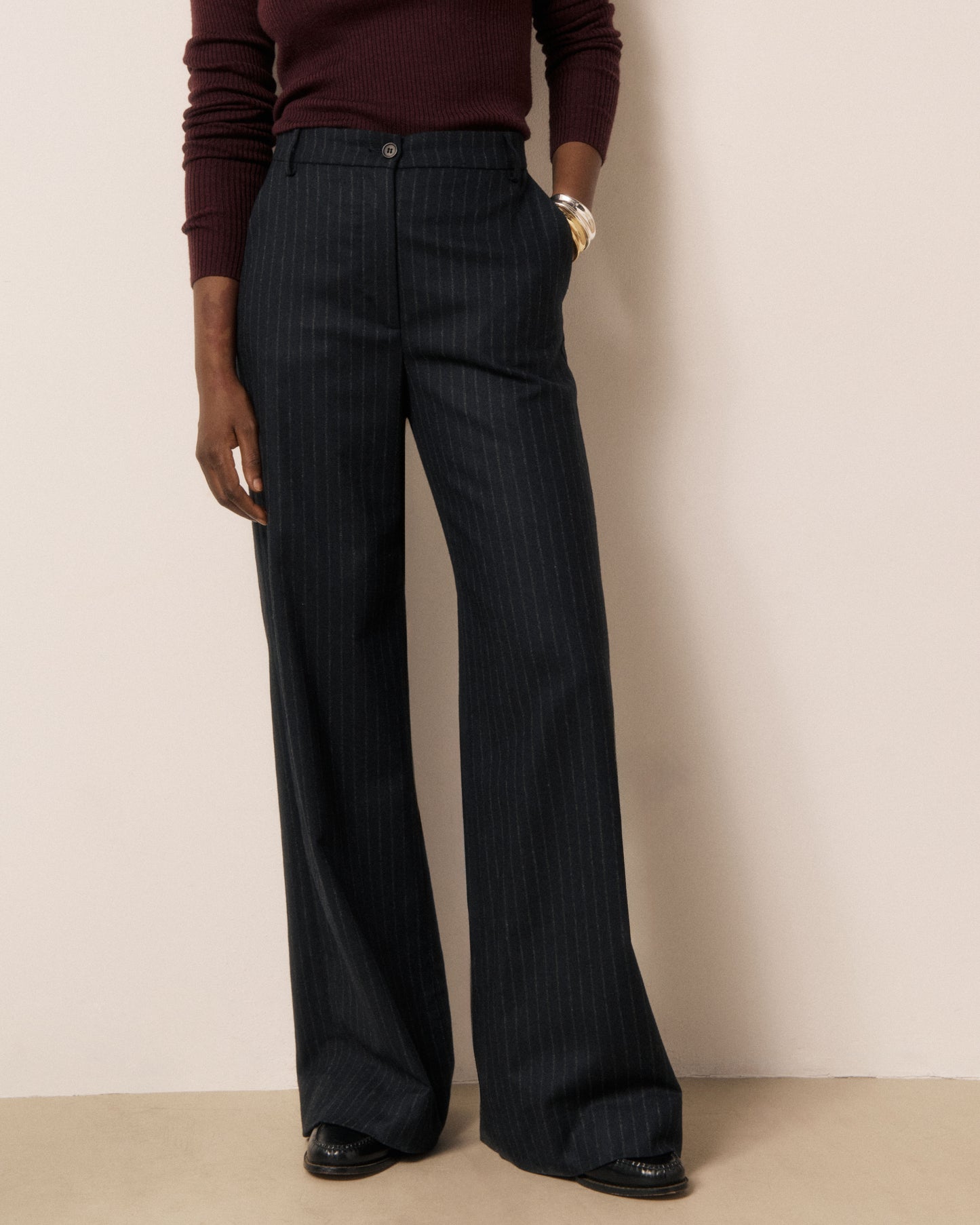 Pantalon Femme en Flanelle de Laine à Rayures Bleu Nuit Parade