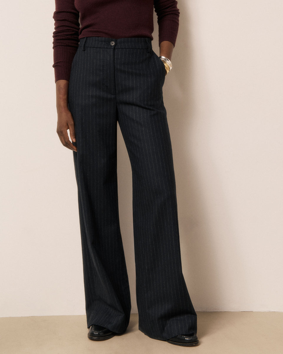 Pantalon Femme en Flanelle de Laine à Rayures Bleu Nuit Parade - Image principale