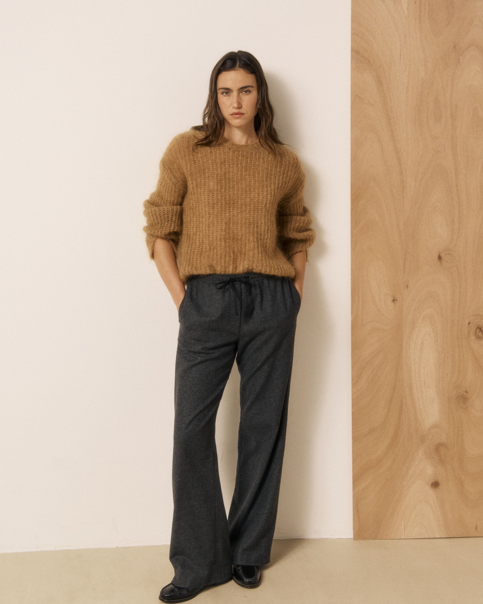 Pantalon Femme en Flanelle de Laine Gris Plumiel