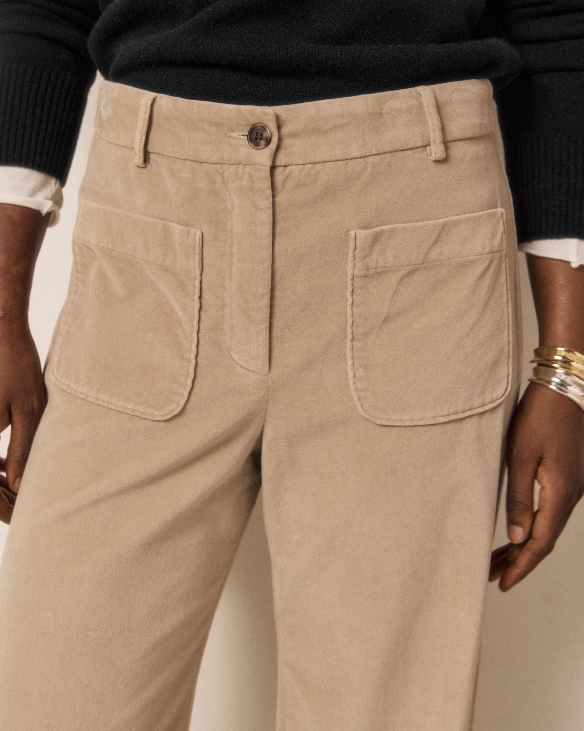 Pantalon Femme en Velours Lisse Beige Poli