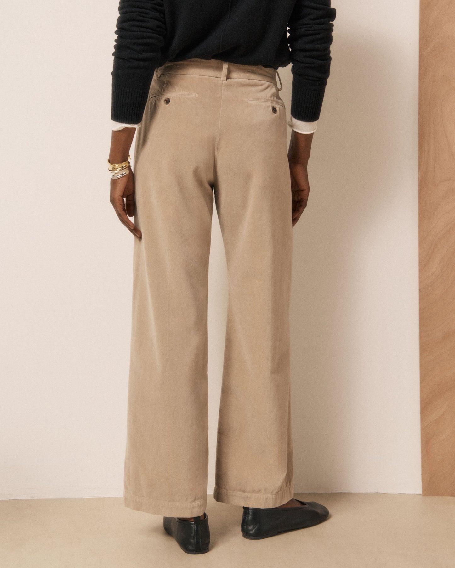 Pantalon Femme en Velours Lisse Beige Poli