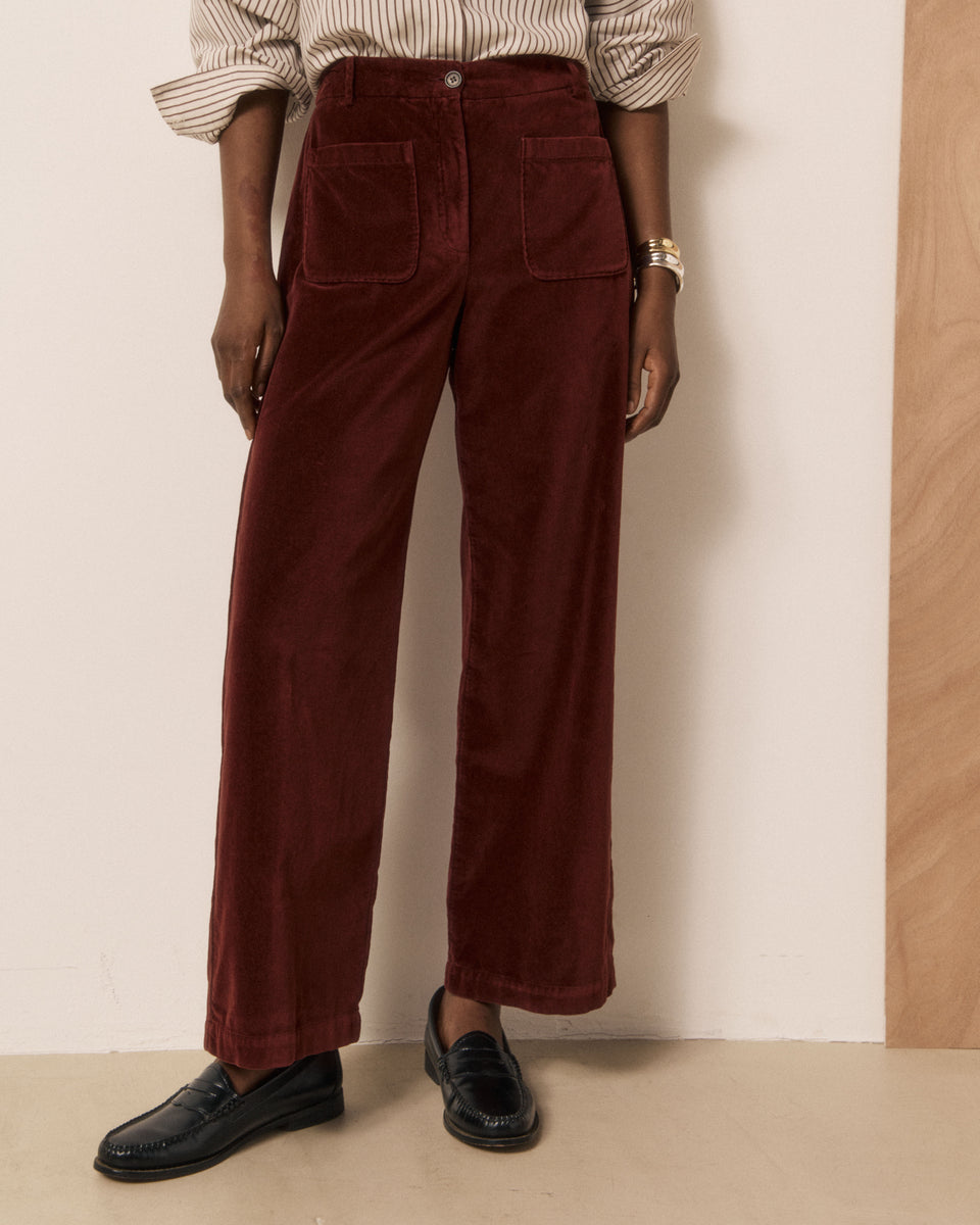 Pantalon Femme en Velours Lisse Bordeaux Poli - Image 2