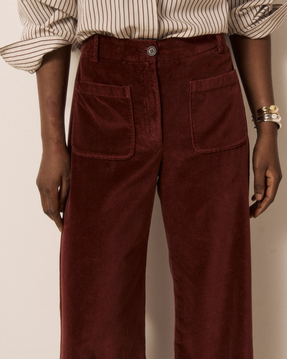 Pantalon Femme en Velours Lisse Bordeaux Poli - Image 3