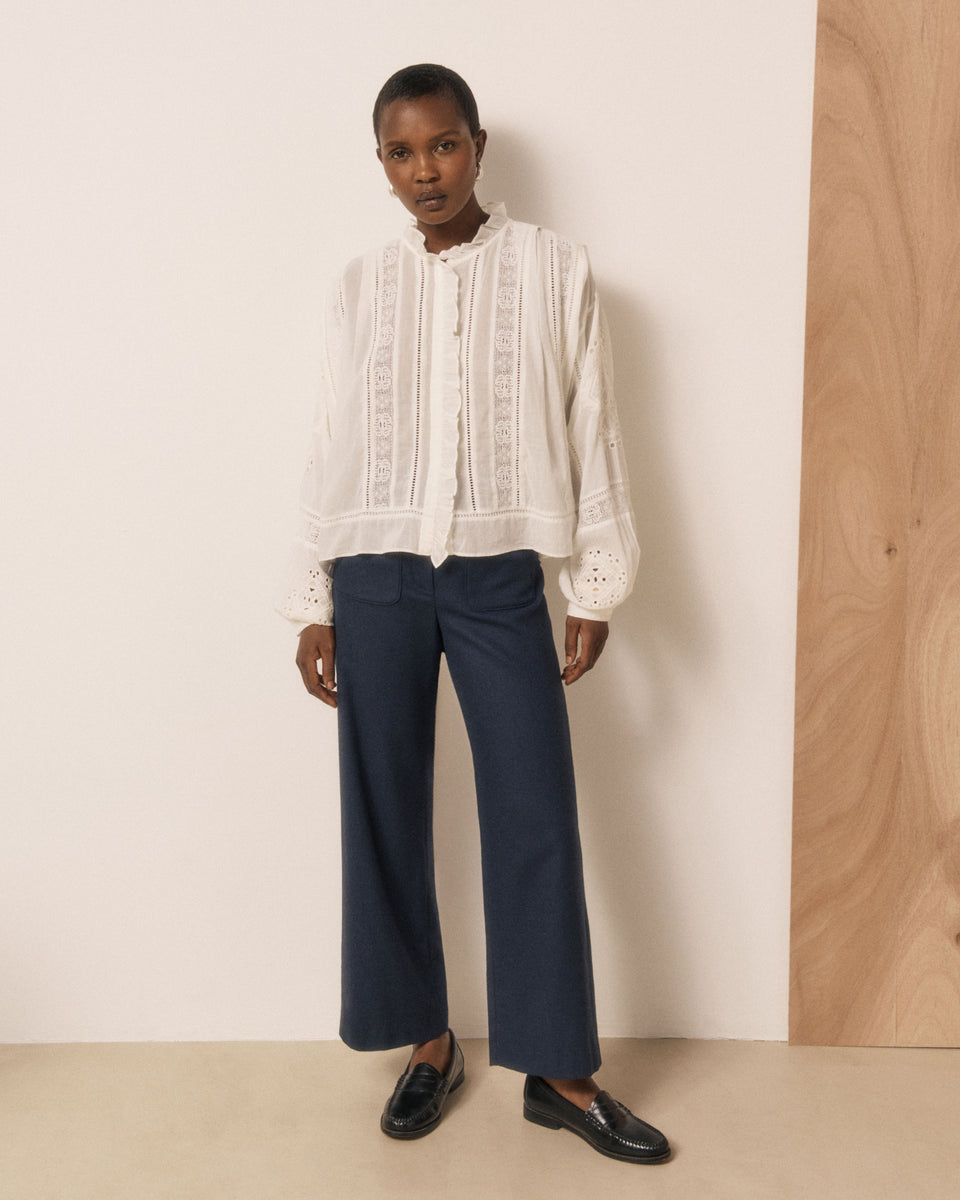 Pantalon Femme en Flanelle de Laine Bleu Nuit Poli - Image 2