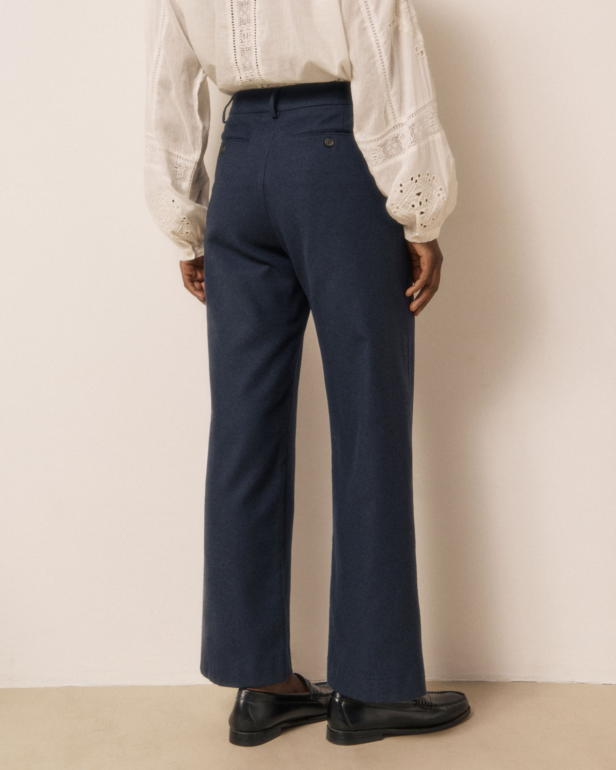 Pantalon Femme en Flanelle de Laine Bleu Nuit Poli