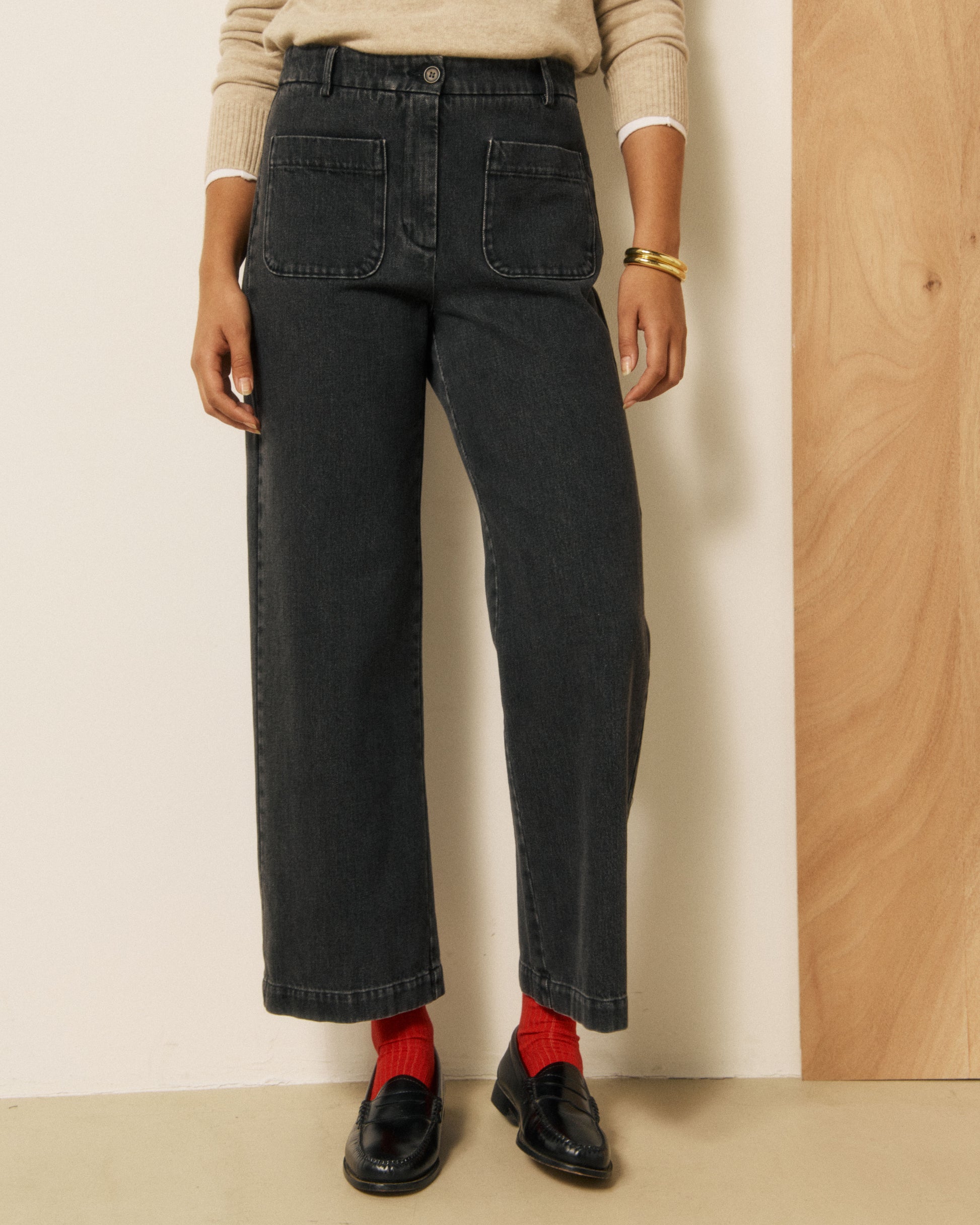 Pantalon Femme en Denim Noir Poli