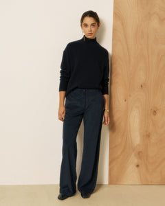 Pantalon Femme en Velours Côtelé Bleu Nuit Positanon